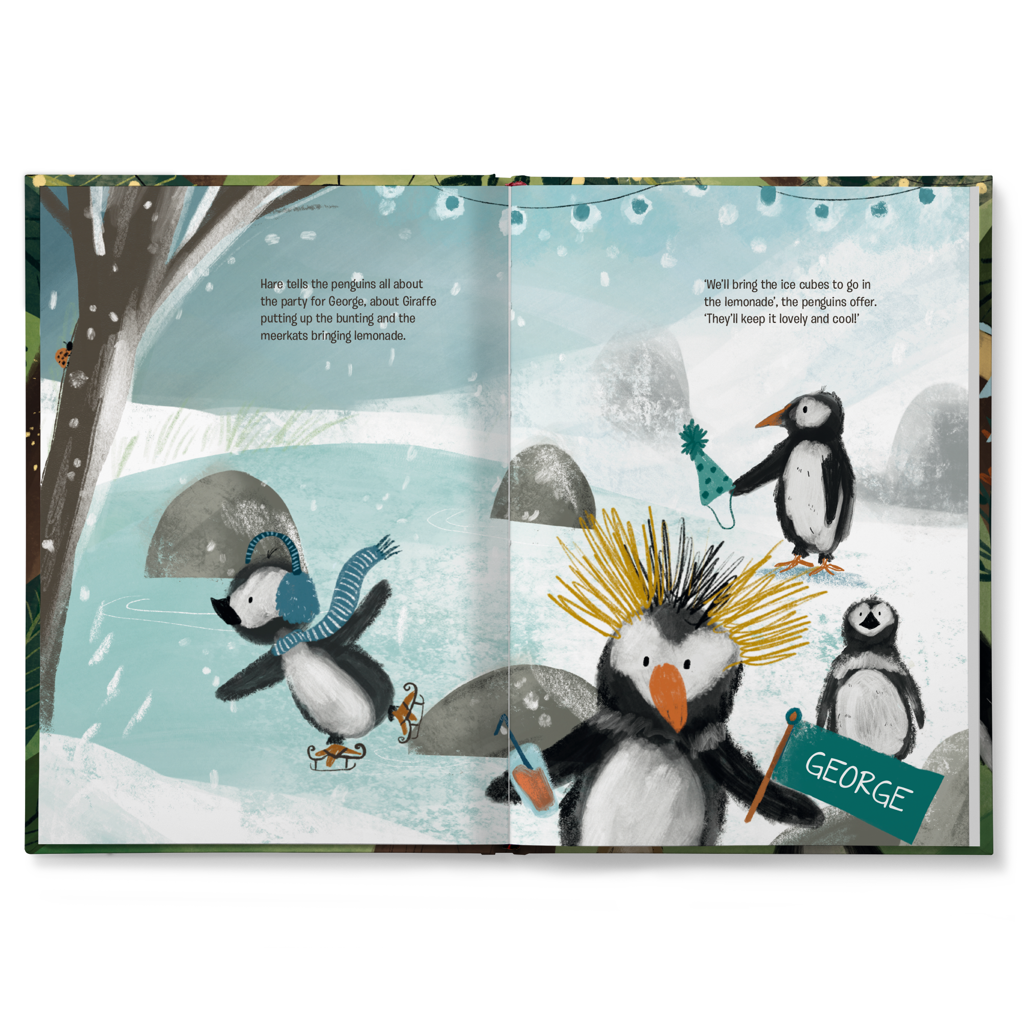Personalised book - The Big Party Book - Softcover, open to a page with penguins, one personalized with the name George.