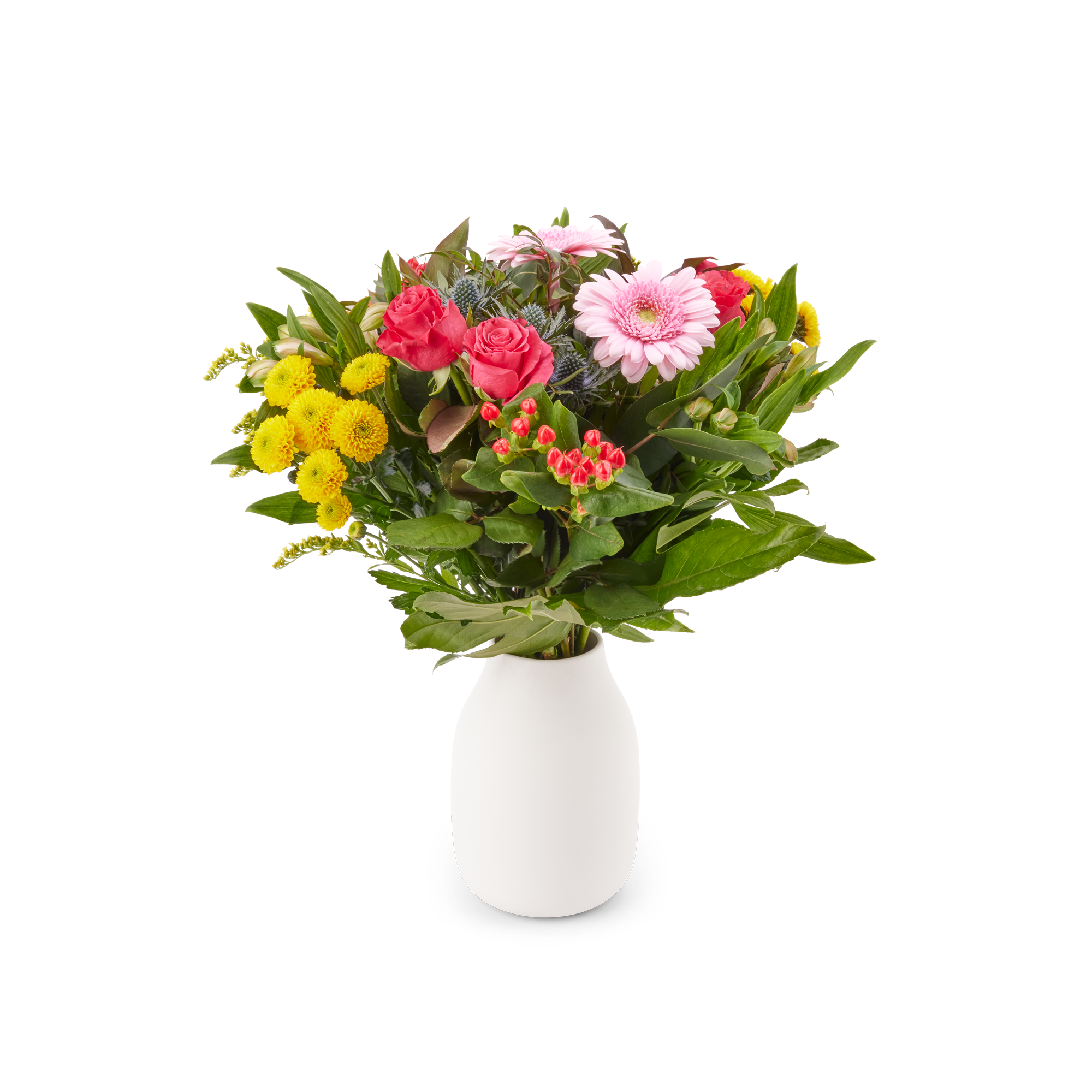 Bunter Blumenstrauß mit rosa Rosen, Gerbera und gelben Chrysanthemen, Lieferung mit kostenloser Geschenkkarte