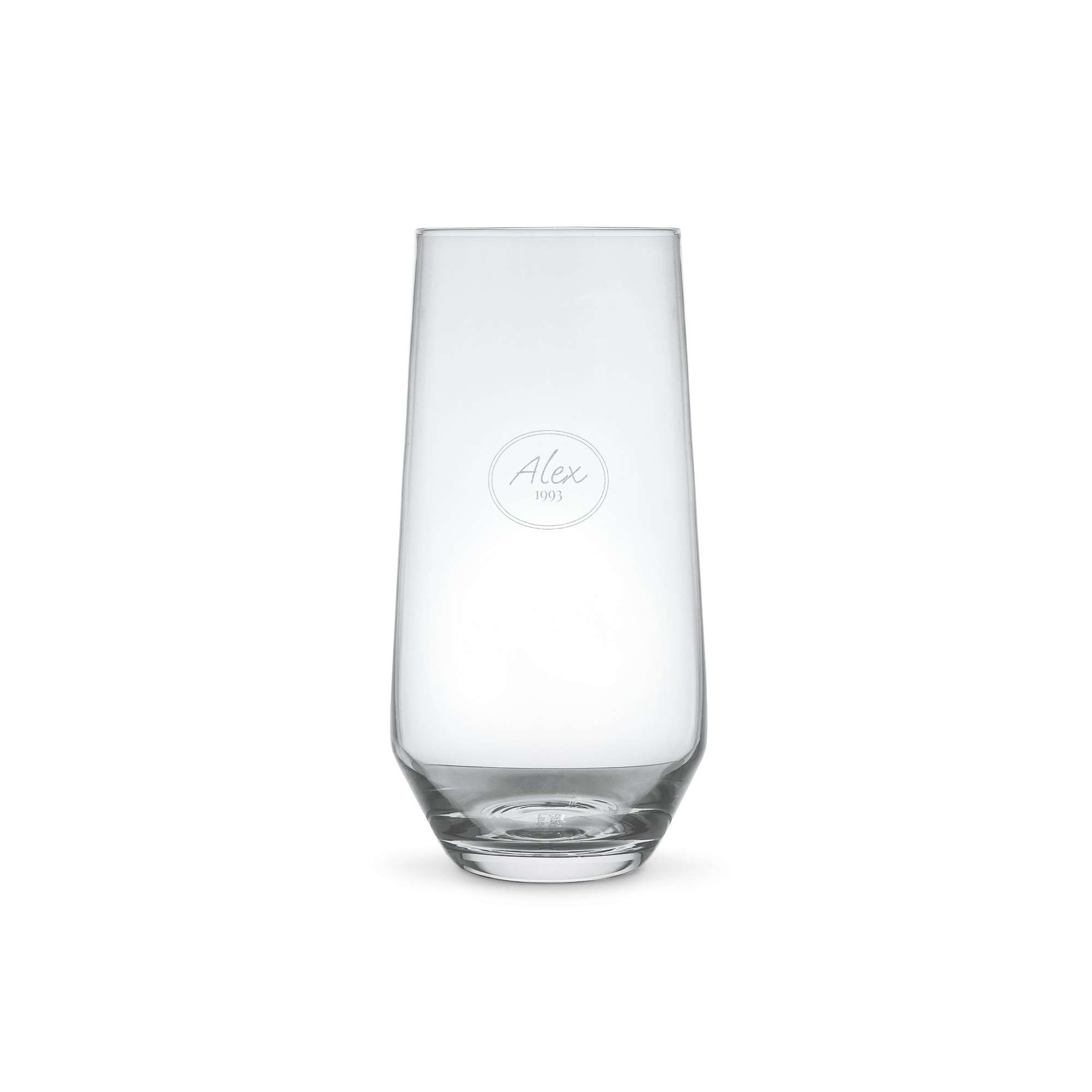 Personalisiertes Trinkglass aus blauem Kristallglas, lasergraviert mit dem Namen "Alex" in einem Kreis.