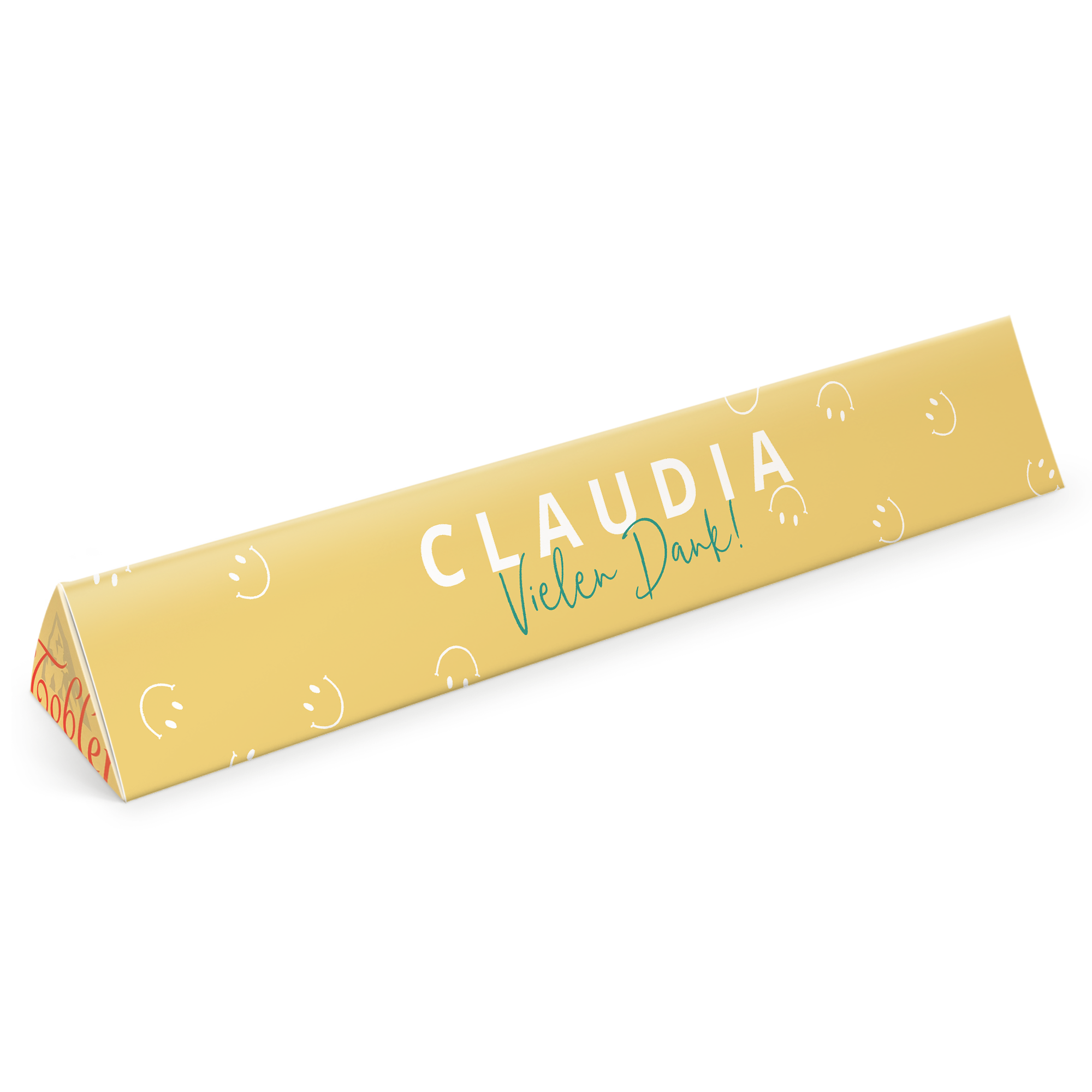 Personalisierte Toblerone XXL mit gelber Verpackung bedruckt mit "CLAUDIA Vielen Dank!"