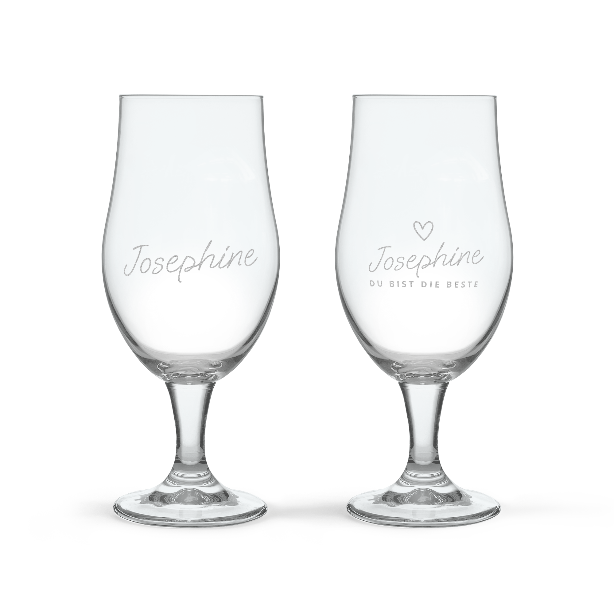 Zwei personalisierte Biergläser mit dem Namen Josephine. Eines der Gläser ist zusätzlich mit dem Text Du bist die Beste und einem Herz graviert.