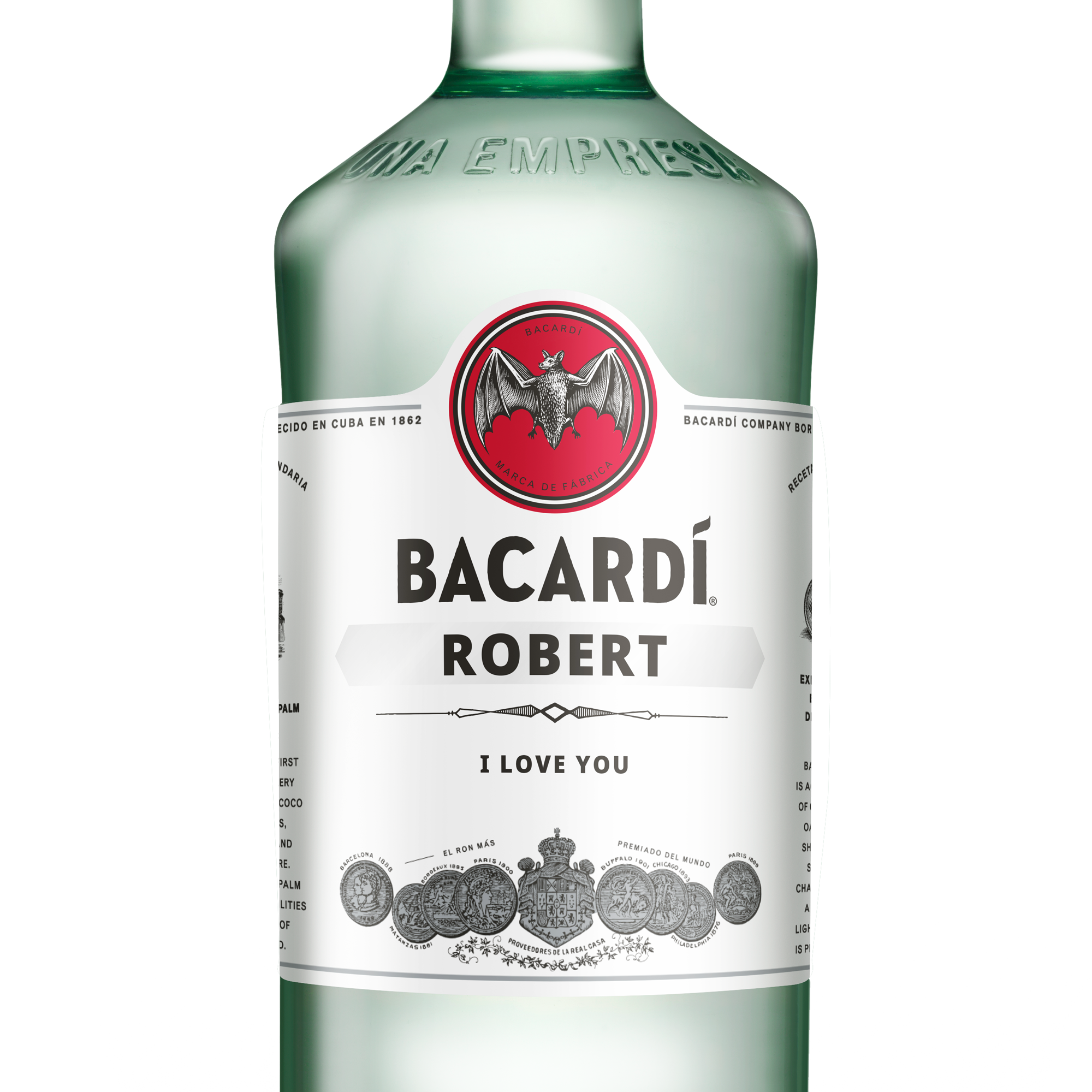 Sticlă de rom Bacardi Carta Blanca 1L, cu etichetă personalizată imprimată cu numele Robert și textul I LOVE YOU.