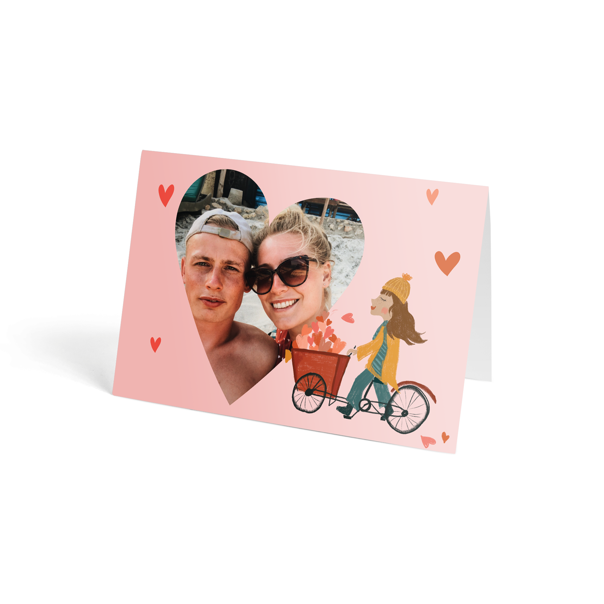 Gepersonaliseerde fotokaart met hartvormige uitsnede en geanimeerde illustraties, te personaliseren met een eigen foto en tekst.
