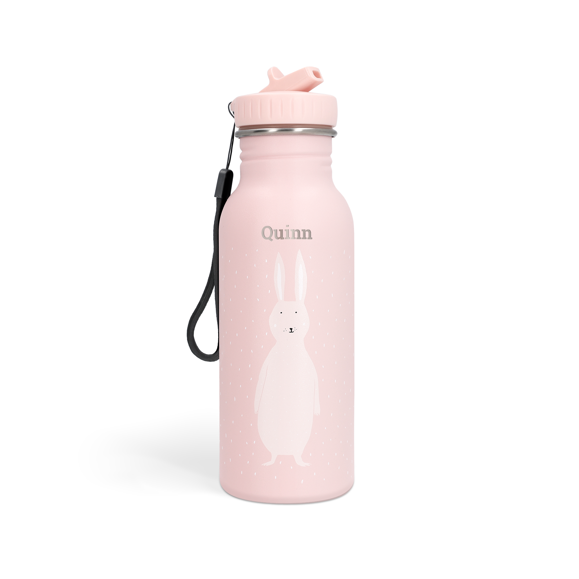 Personalizirana roza Trixie steklenica za vodo z zajcem in vgraviranim imenom Quinn, idealna za presenečenje najmlajših.