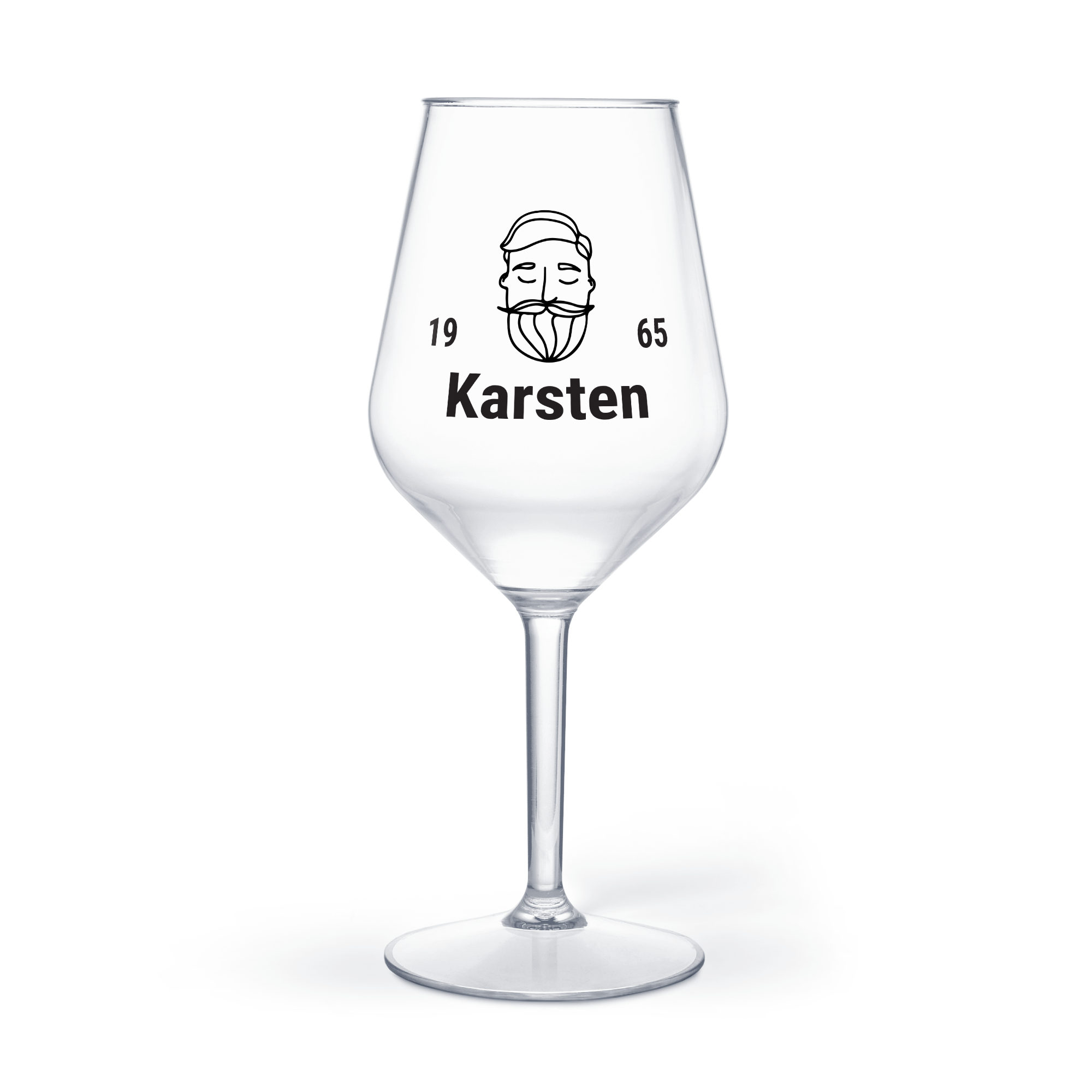 Ein Weinglas aus Kunststoff für den Weinliebhaber, bedruckt mit dem Design eines Gesichts, den Jahreszahlen 19 und 65, und dem Namen Karsten.
