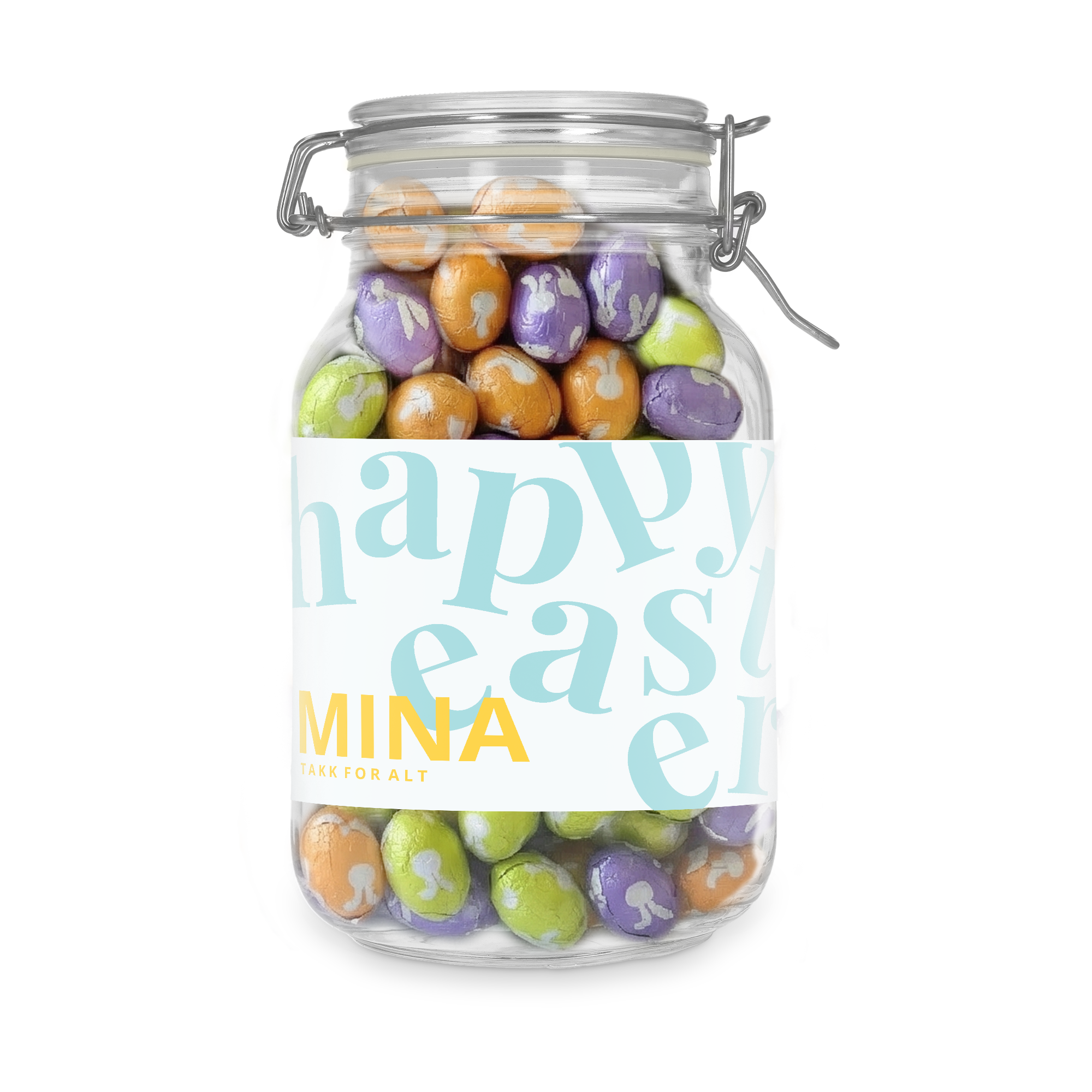Personlig søt krukke - 2L - Sjokolade egg med Happy Easter og navnet Mina trykt på etiketten.