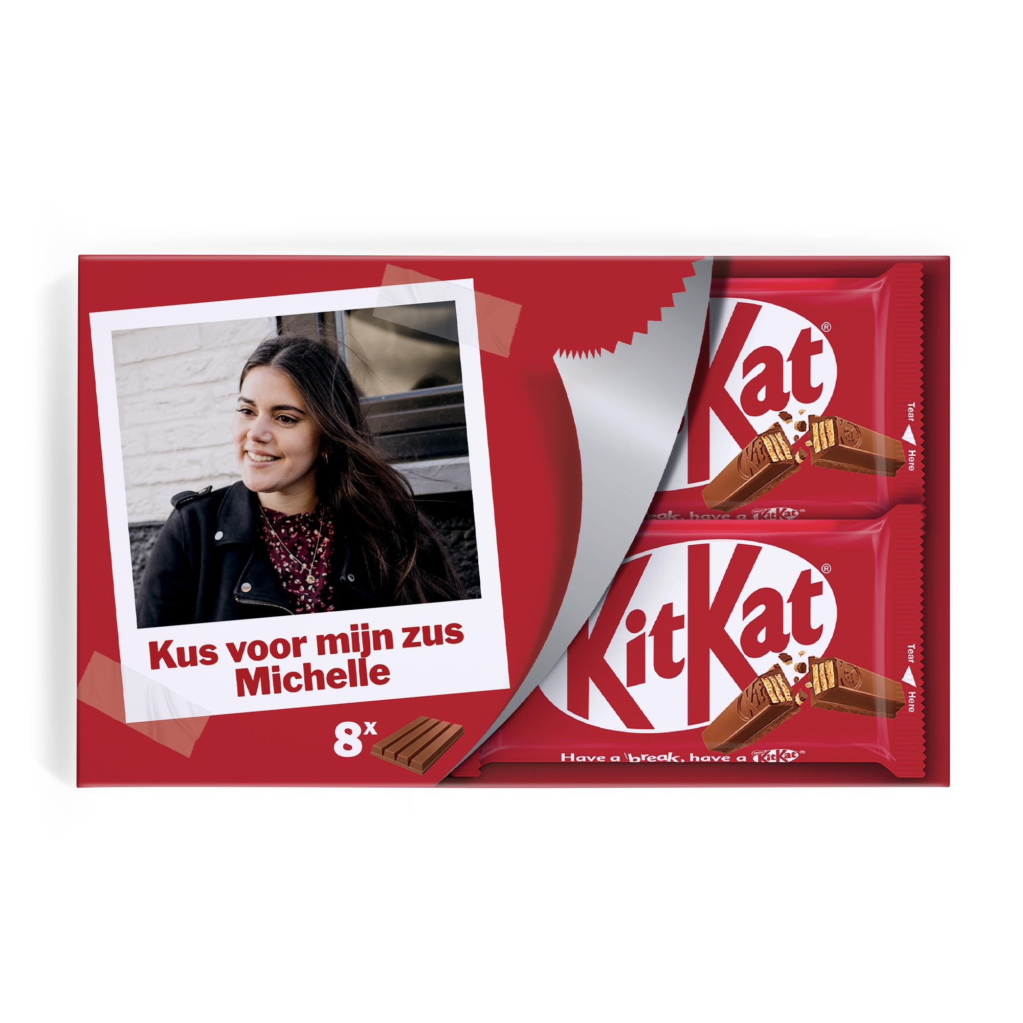 KitKat repen giftbox met foto van een vrouw en de geprinte tekst Kus voor mijn zus Michelle, inclusief 8 KitKat repen.