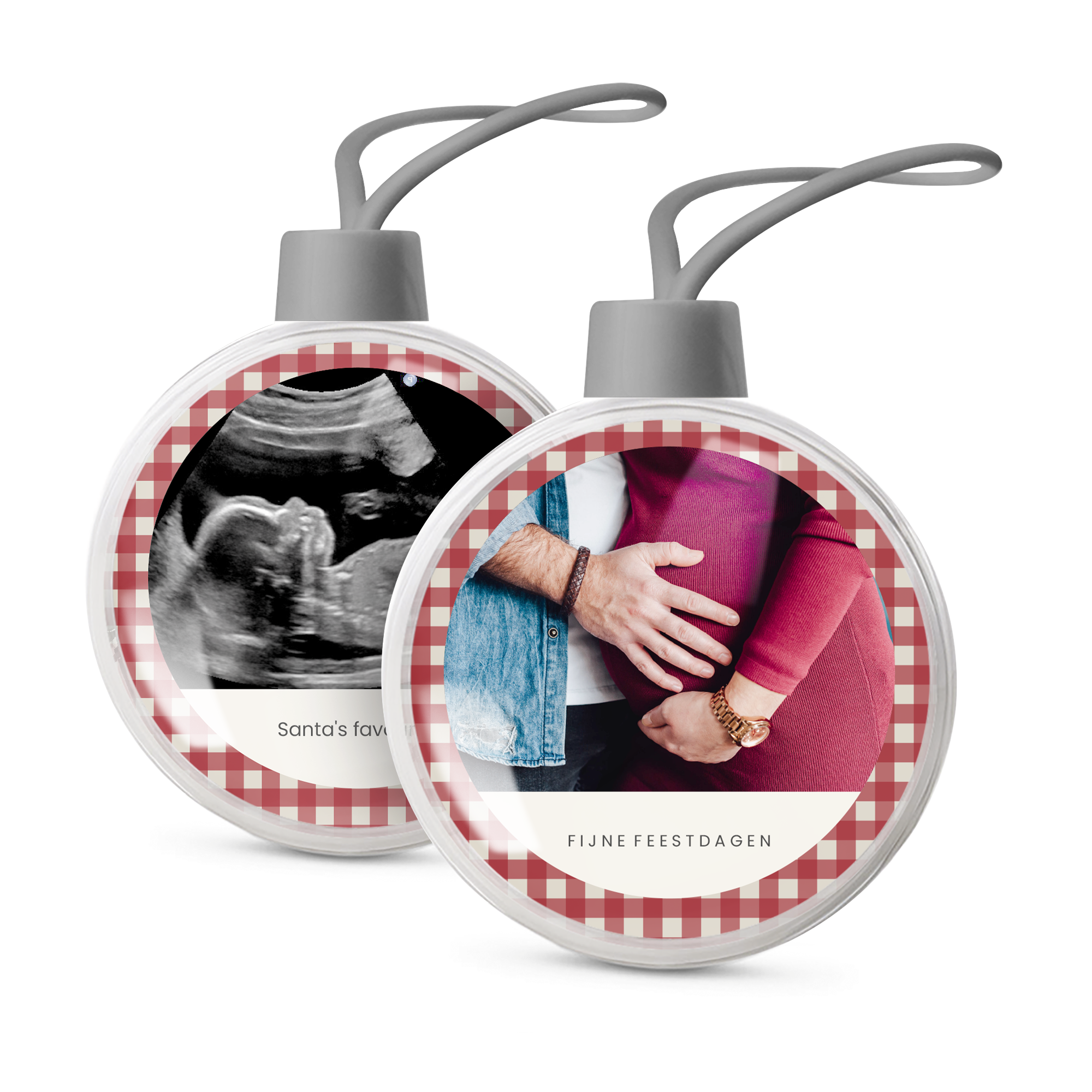 Set van twee baby's eerste kerstbal met foto: een echo en een zwangere buik, bedrukt met tekst
