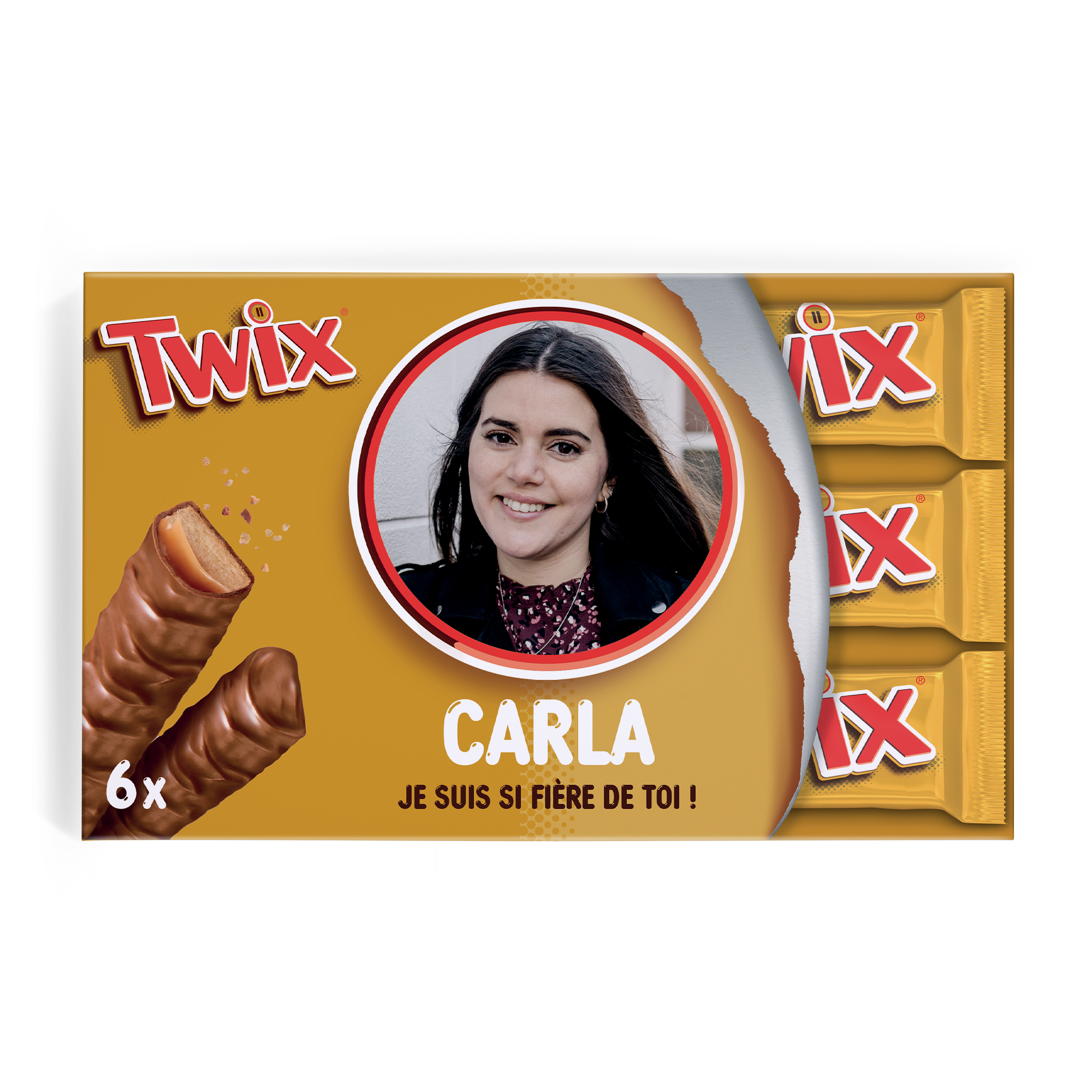 Coffret cadeau Twix personnalisé avec photo imprimée de Carla et message Je suis si fière de toi