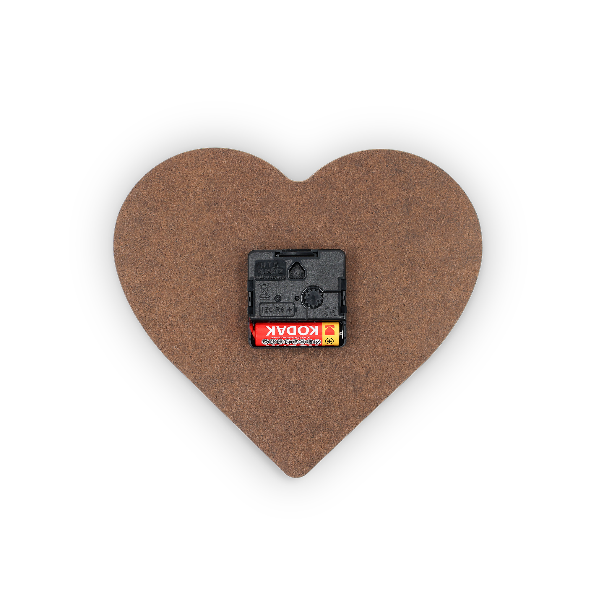 Rear view of a heart-shaped personalized photo clock with a brown finish, showcasing the quartz mechanism.