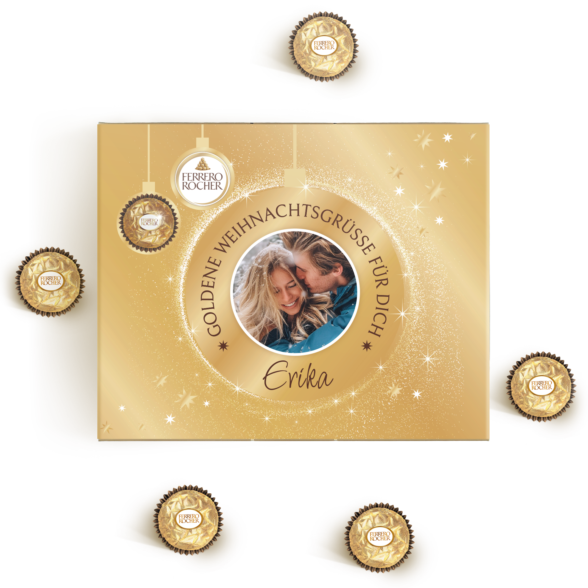 Ferrero Rocher personalisiert mit Foto und dem Namen Erika, dazu der Text Goldene Weihnachtsgrüße für Dich.