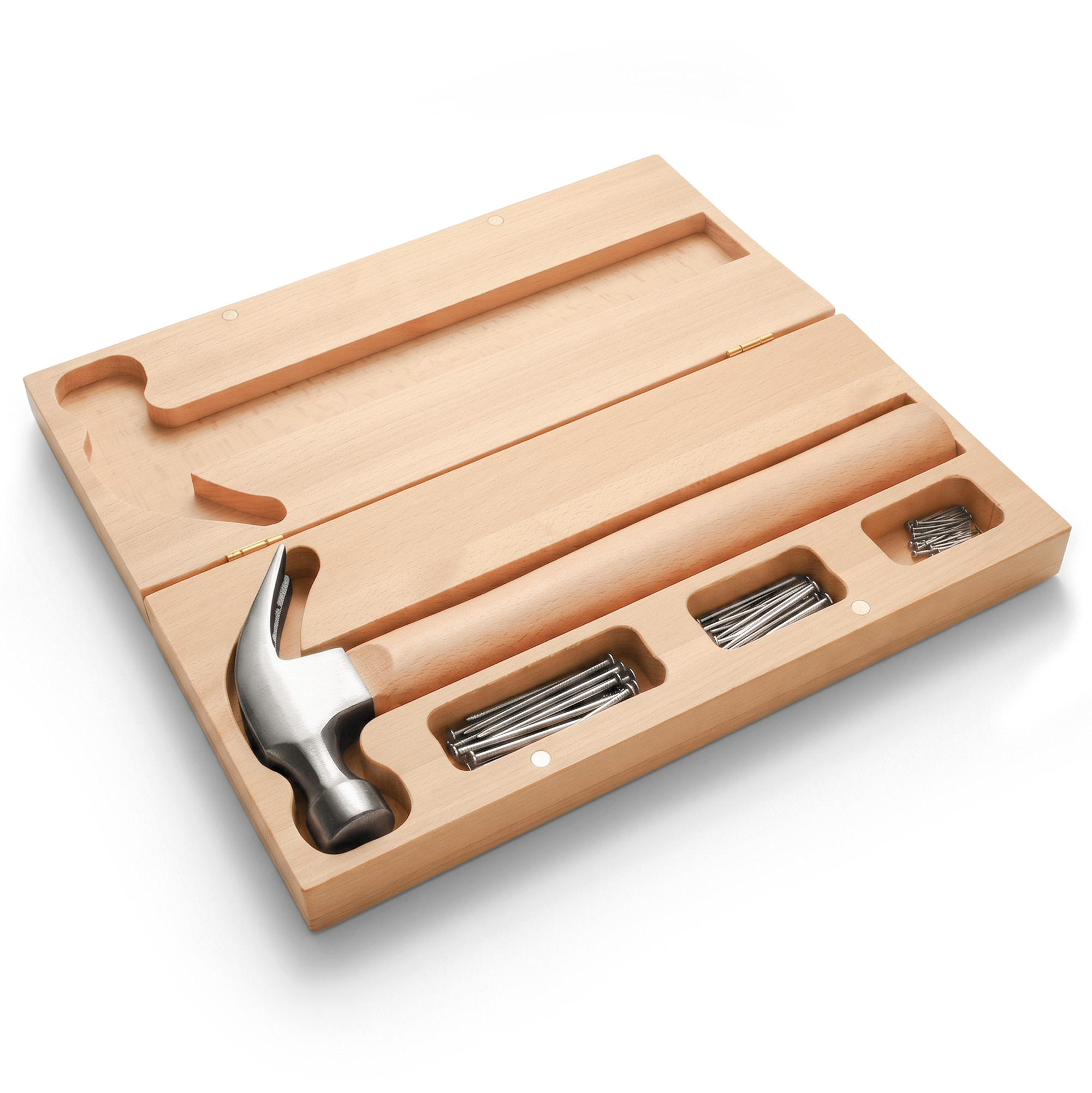 Personalisiertes Geschenkset: Hammer in gravierter Holzbox mit Nägeln, ideal zum Anpassen für Heimwerker.