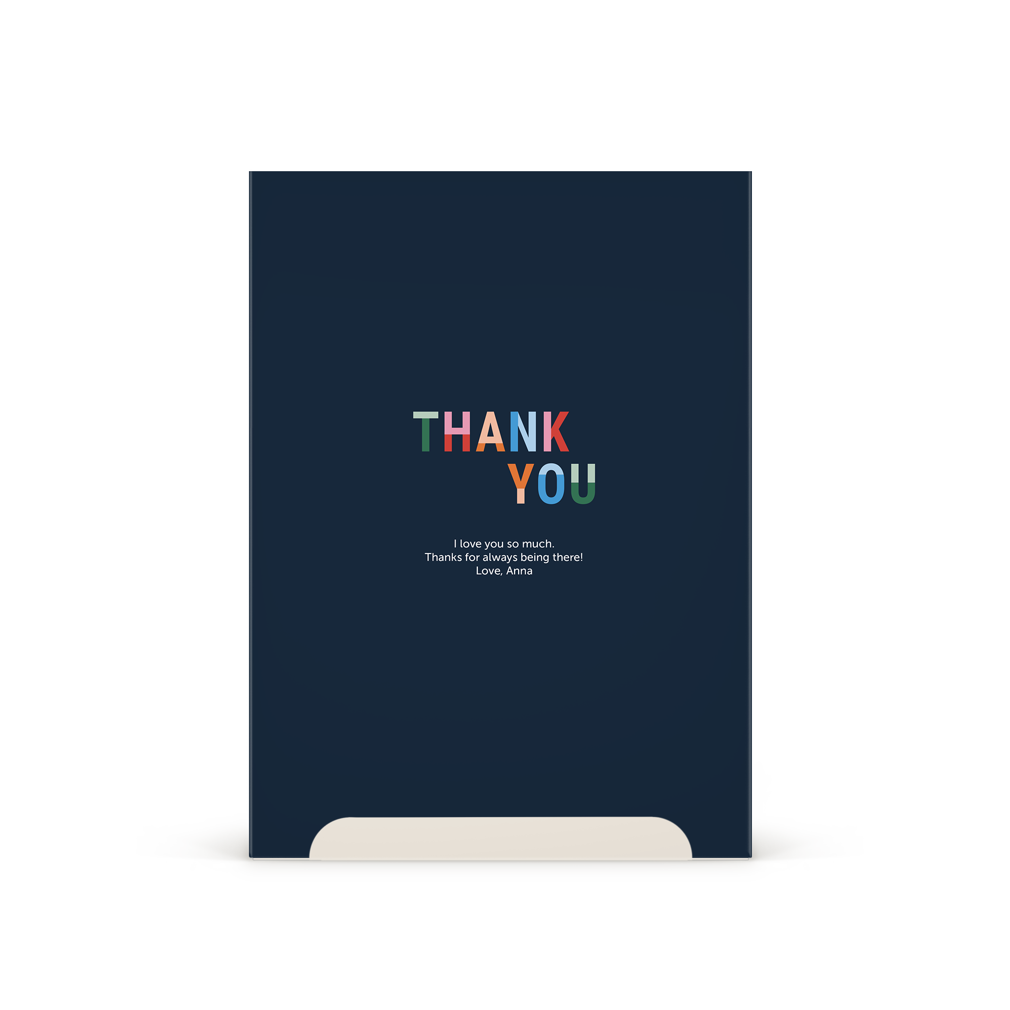 Tarjeta de agradecimiento personalizada con "THANK YOU" multicolor y el mensaje "Love, Anna", ideal para su experiencia de spa.