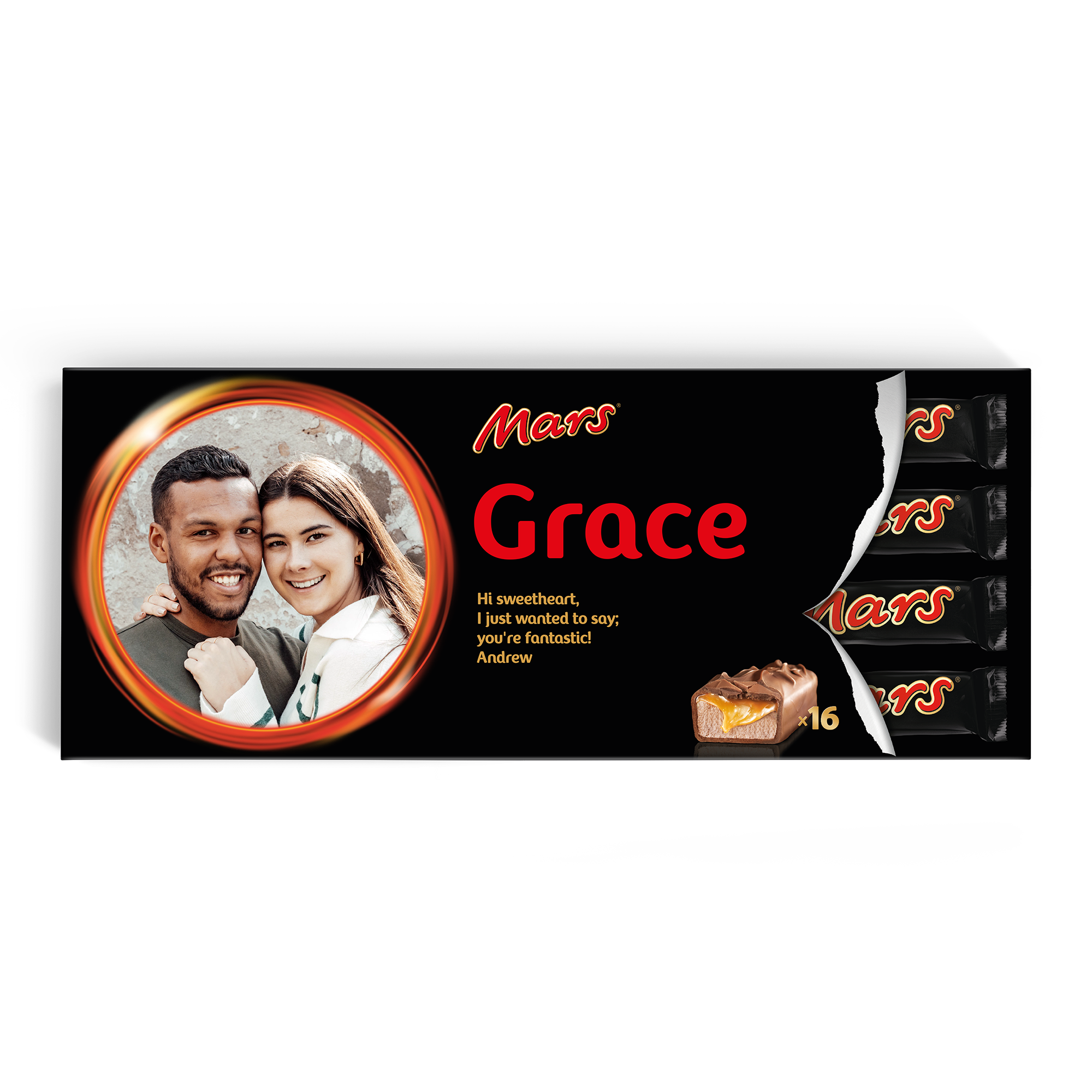 Esta barra de chocolate XXL personalizada Mars es una verdadera GRAN sorpresa. Incluye una foto, el nombre "Grace" y el mensaje "Hi sweetheart, I just wanted to say; you're fantastic! Andrew", impresos a color.