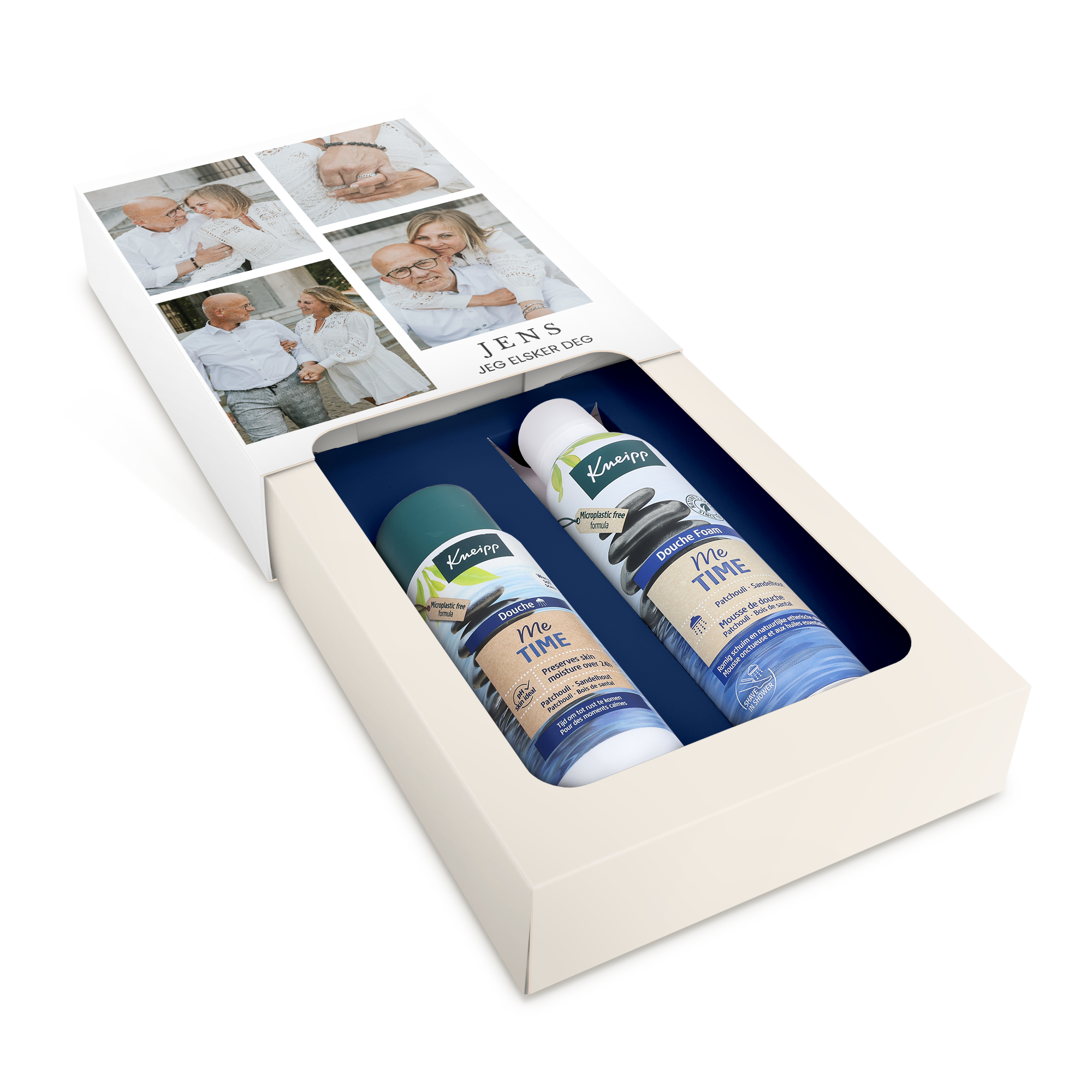 Hjemmespa-sæt med Kneipp shower foam og showergel, med personligt fotocollageprint og teksten JENS JEG ELSKER DEG.