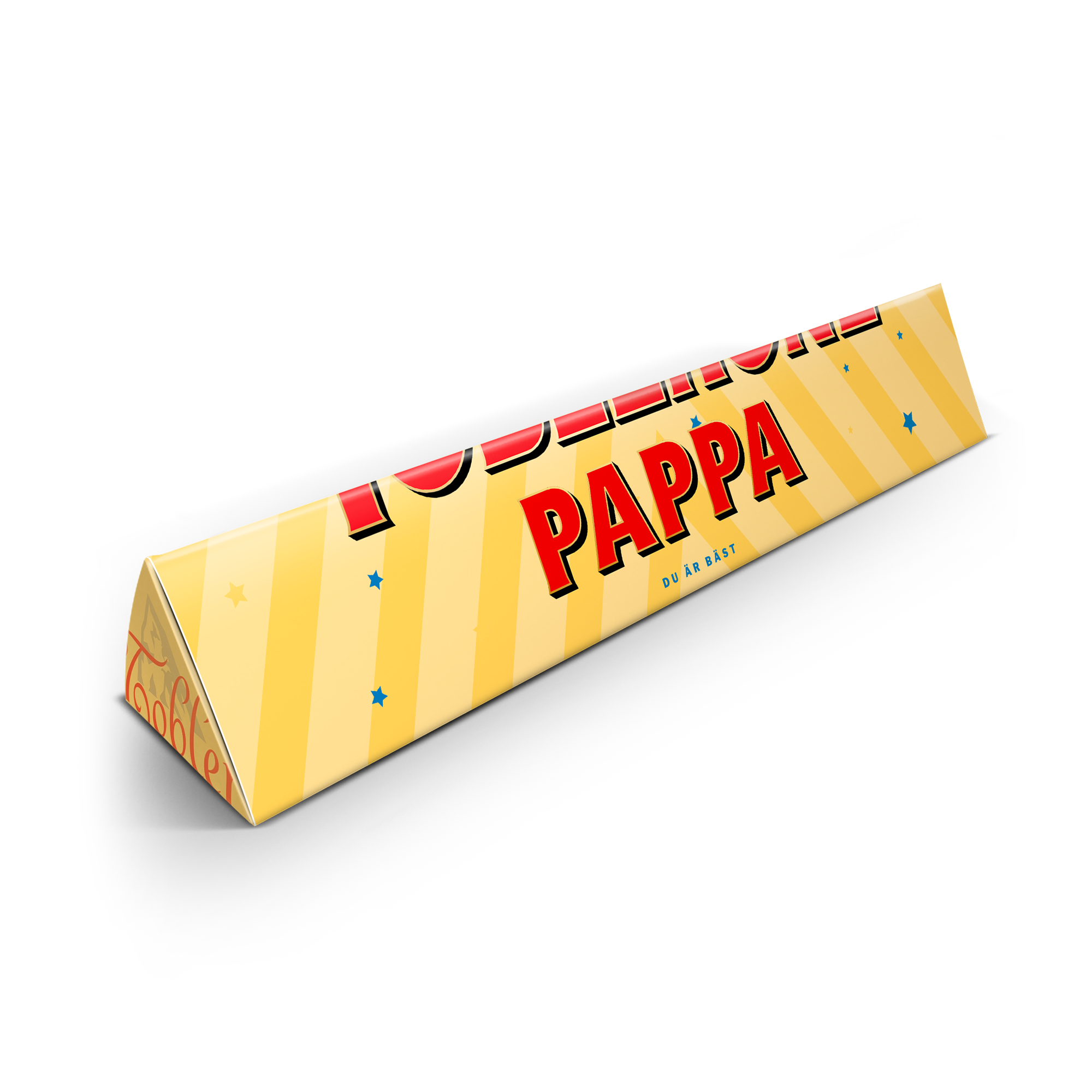 En personaliserad Toblerone med texten "Pappa du är bäst" tryckt på en gul bakgrund med stjärnor och ränder