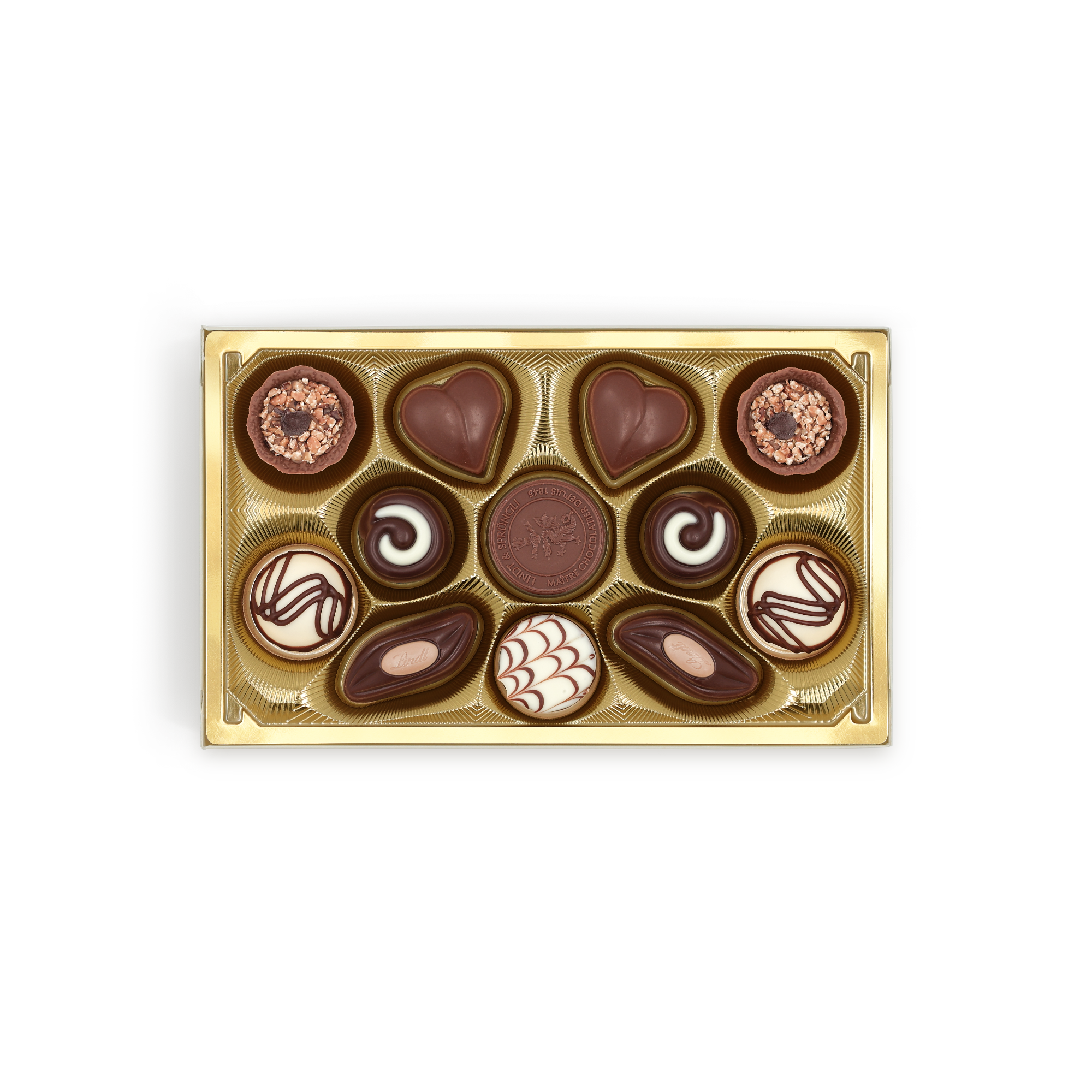 Cutie personalizata de ciocolata cu praline clasice asortate, Lindt, cu sigla Lindt vizibila pe una dintre bomboane.
