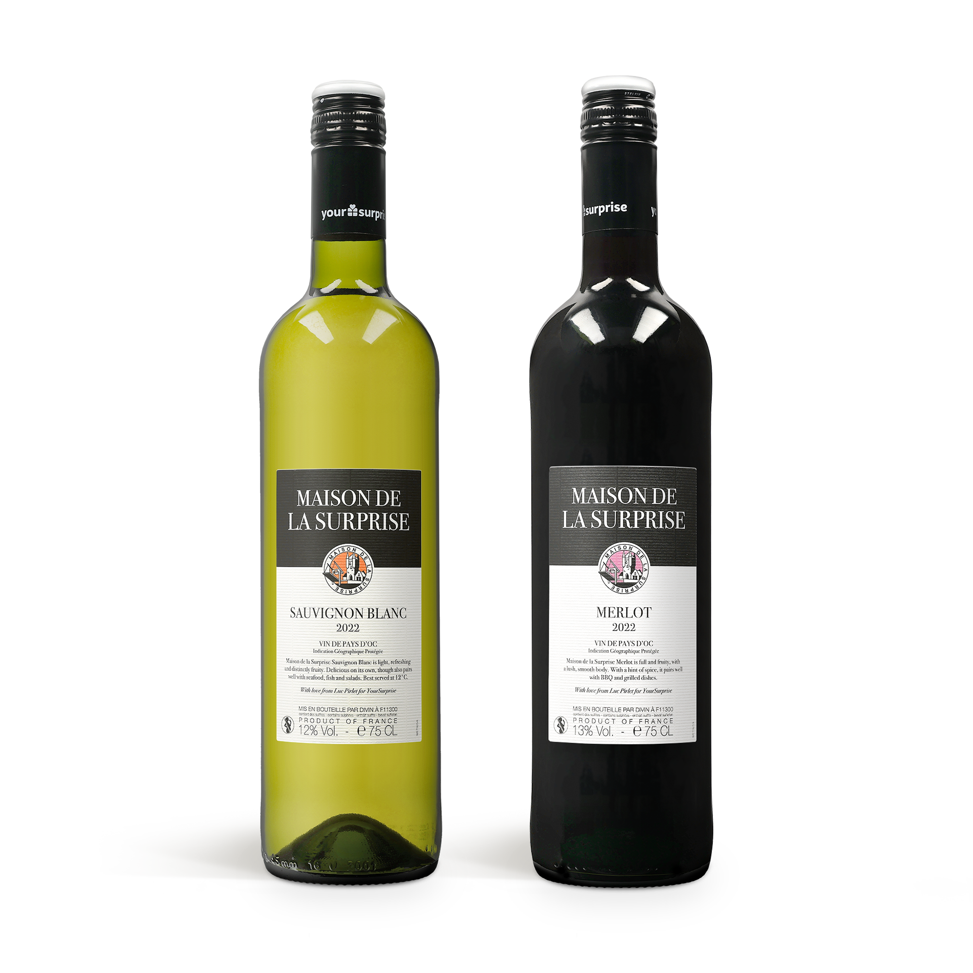 To flasker Maison de la Surprise vin, en hvid Sauvignon Blanc og en rød Merlot.