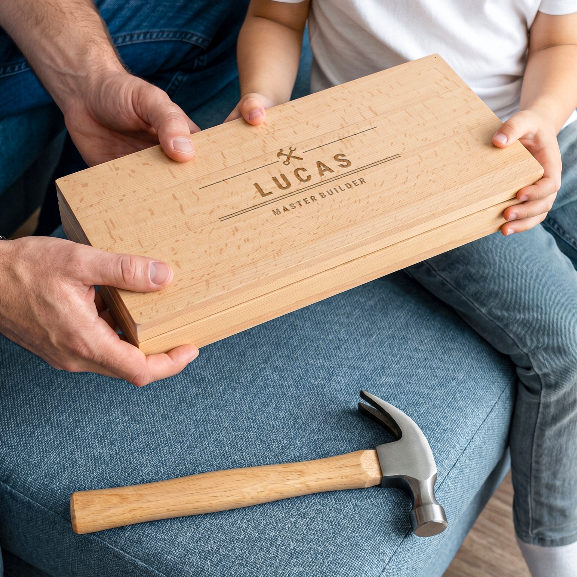 Personalisierter Hammer in gravierter Holzbox mit Wunschtext "Lucas Master Builder" und Werkzeugsymbolen.