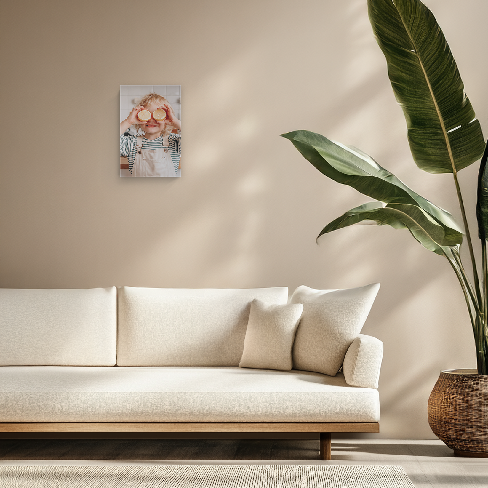 Foto op canvas met een afbeelding van een lachend kind met sinaasappelschijfjes, gedrukt op schilderslinnen