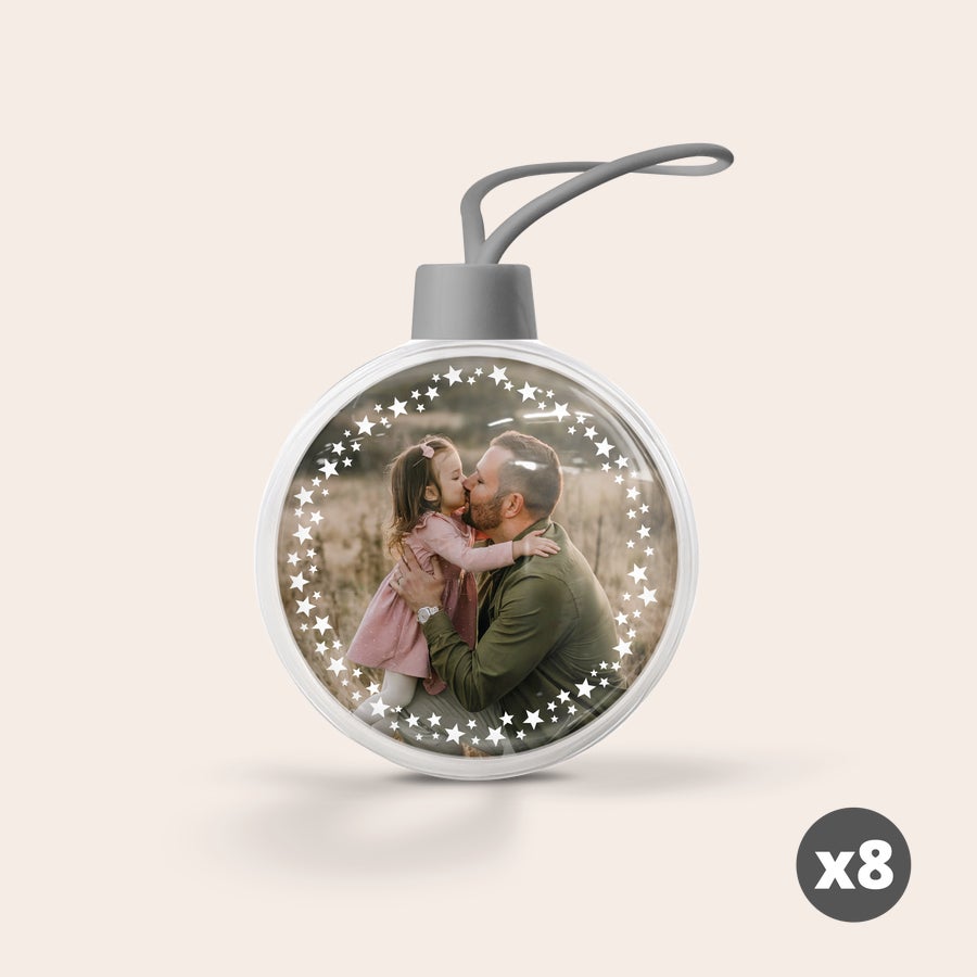 Gepersonaliseerde kerstbal Transparante kerstbal met een foto van een man en kind met sterren eromheen, bedrukt met eigen foto