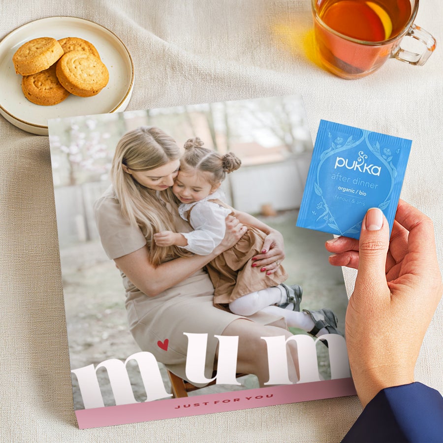 Personalised Pukka tea Personalised tea box with a photo of a mother and child printed on the lid and "Mum Just For You" text.