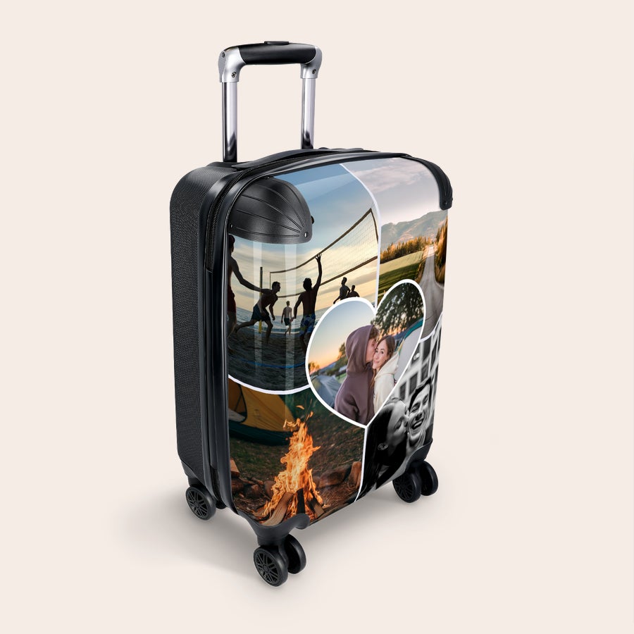 Valise photo personnalisée - Format cabine Valise photo personnalisée - Format cabine imprimée avec un collage de photos de voyage et de couples.