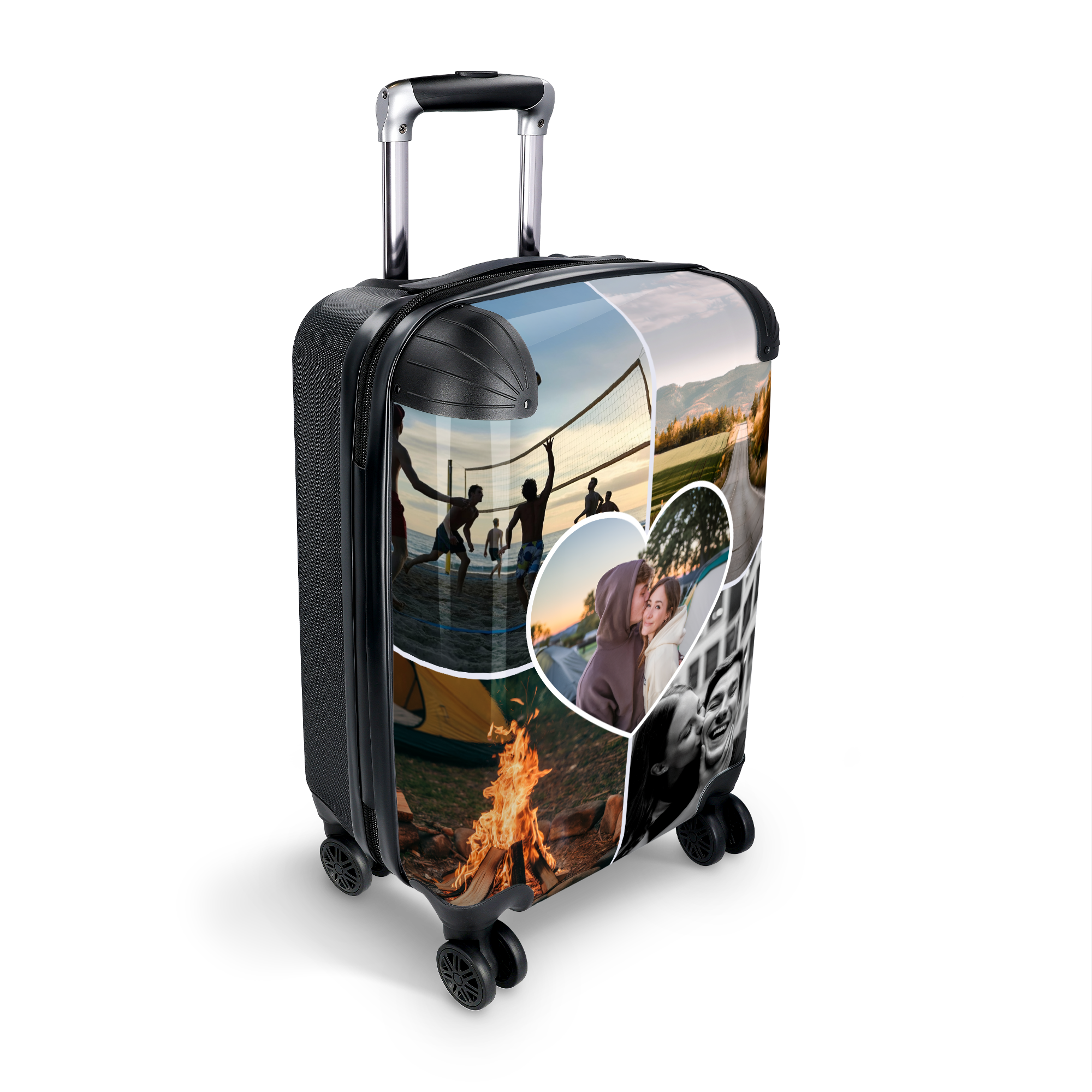 Valise photo personnalisée - Format cabine imprimée avec un collage de photos de voyage et de couples.