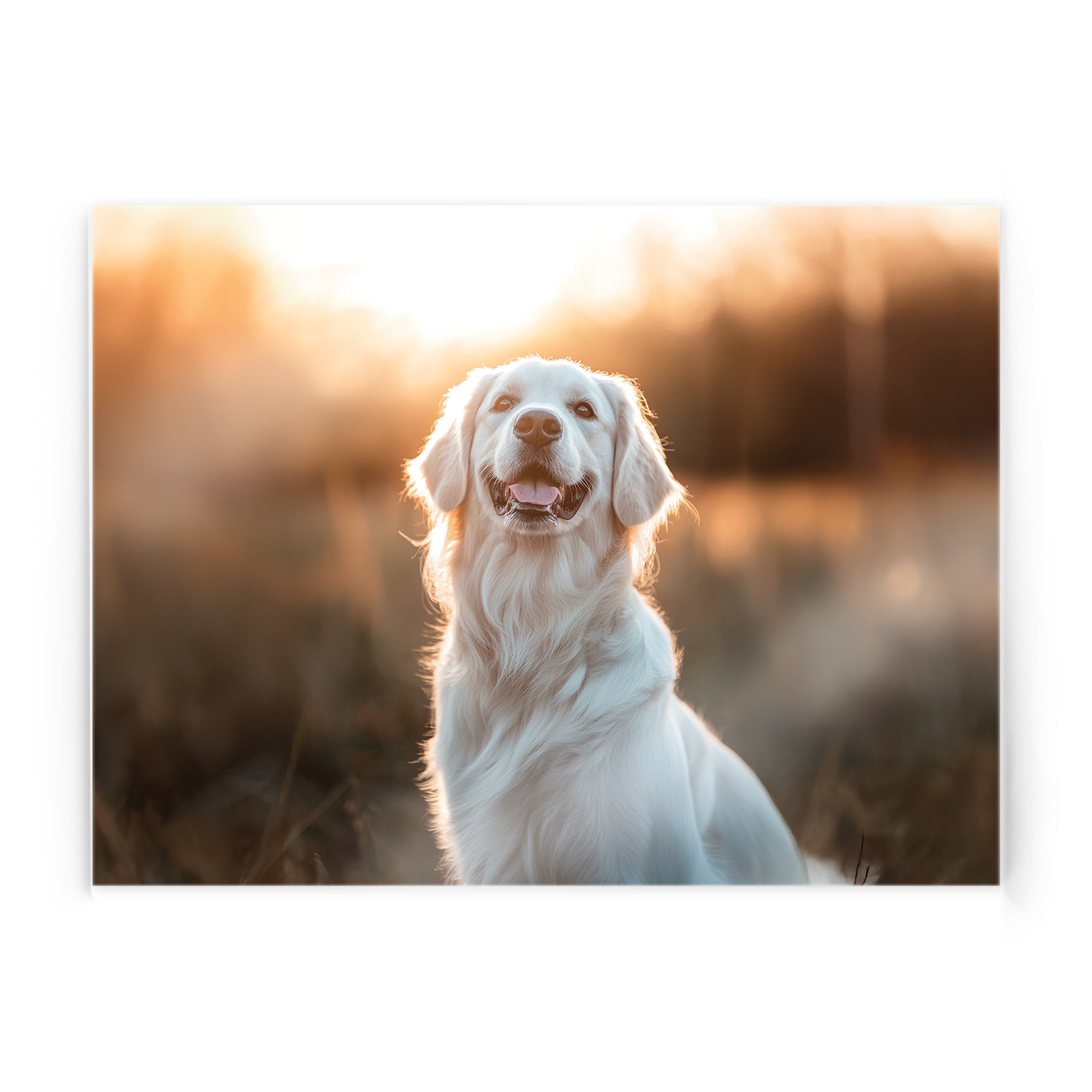 Egyedileg nyomtatott akril fotó egy mosolygós golden retrieverről naplementében, a legemlékezetesebb pillanatot rögzítve.