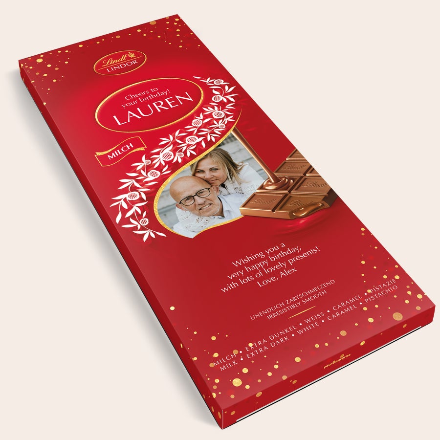 Barra de chocolate XL Lindor Chocolate XL Lindor personalizado con foto impresa y el nombre "Lauren" para cumpleaños, el regalo de chocolate XL Lindor definitivo.