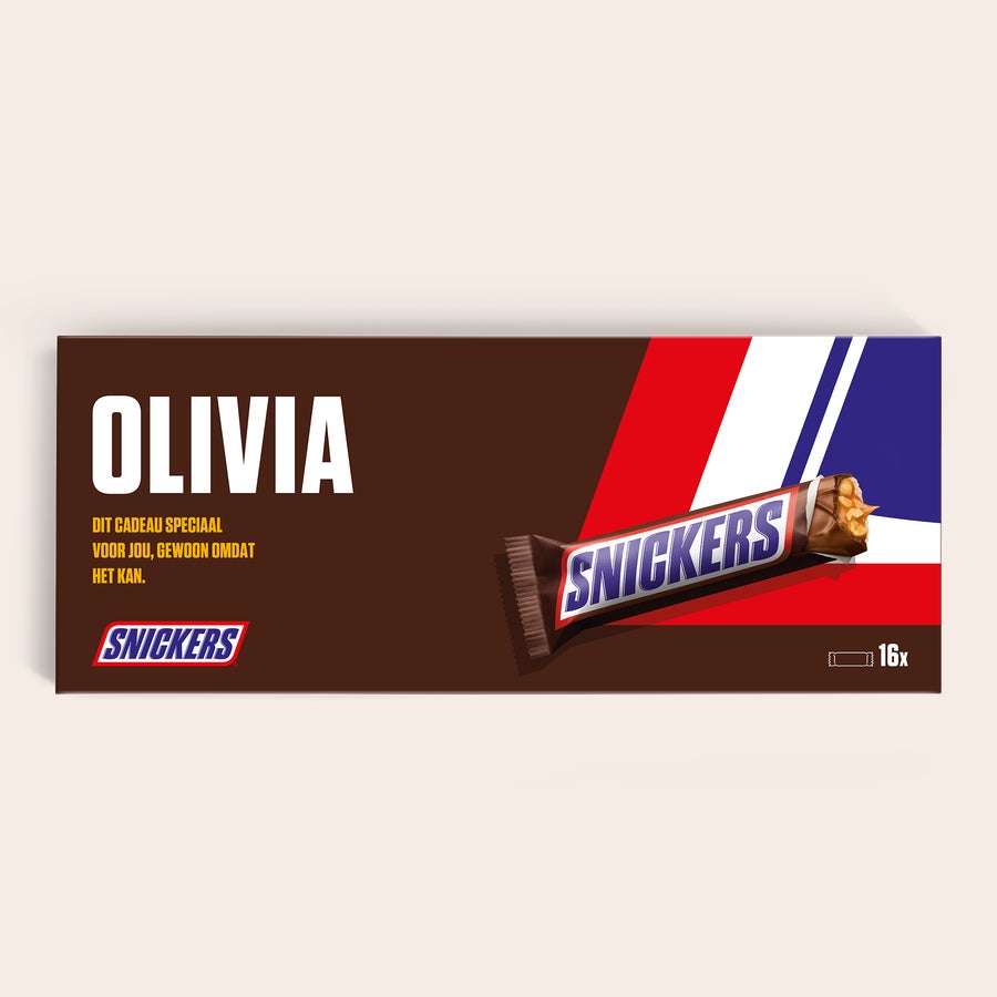 Mega Snickers reep met naam en foto bedrukken Mega Snickers reep met naam en foto bedrukken