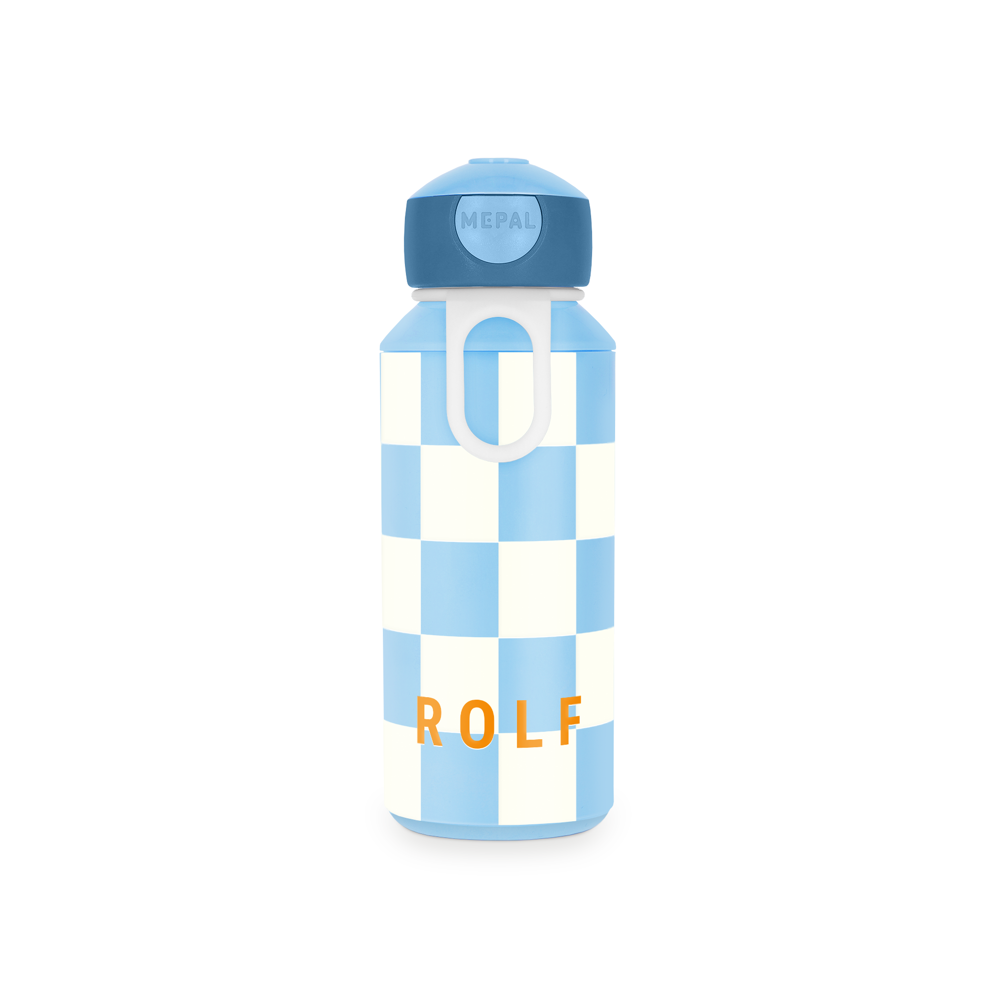 Mepal Campus dricksflaska i blått schackrutigt mönster med texten ROLF, tryckt med deras namn på deras flaska som följer med dem överallt.