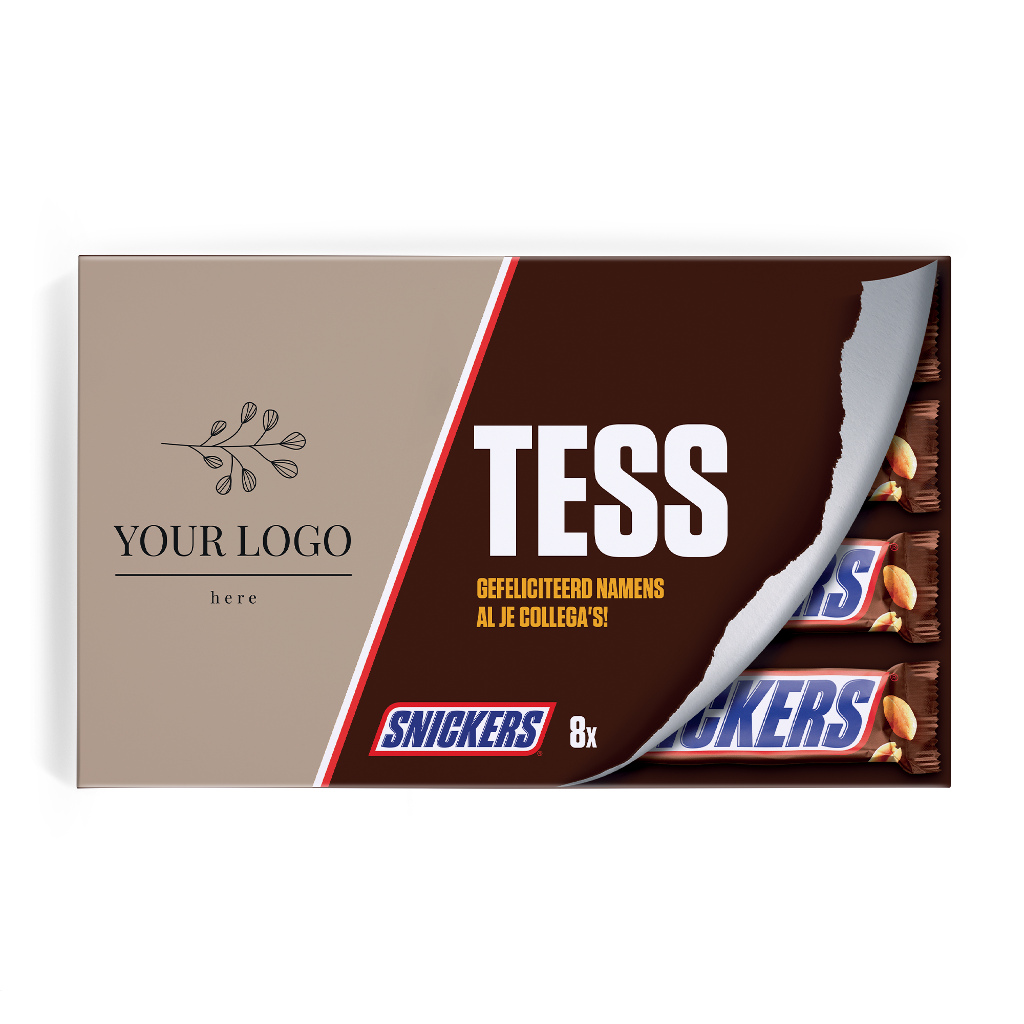 Snickers Bar Giftbox met naam Tess en logo, bedrukt met tekst Gefeliciteerd namens al je collega's