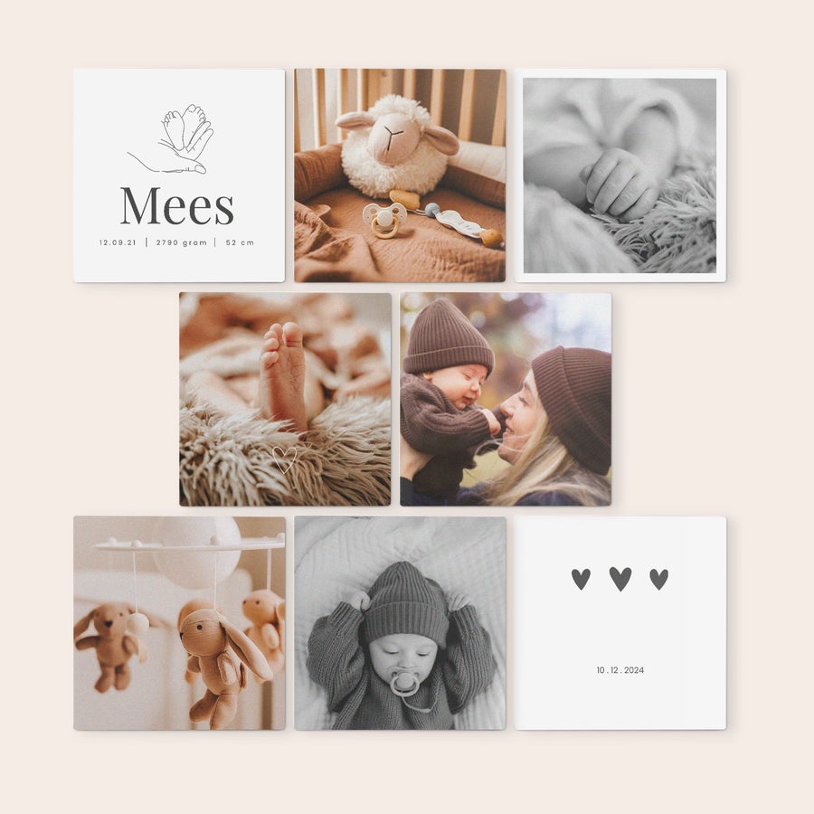 Azulejos personalizados Múltiples paneles de arte de madera personalizados con fotos de bebés, un nombre y una fecha de nacimiento impresos.