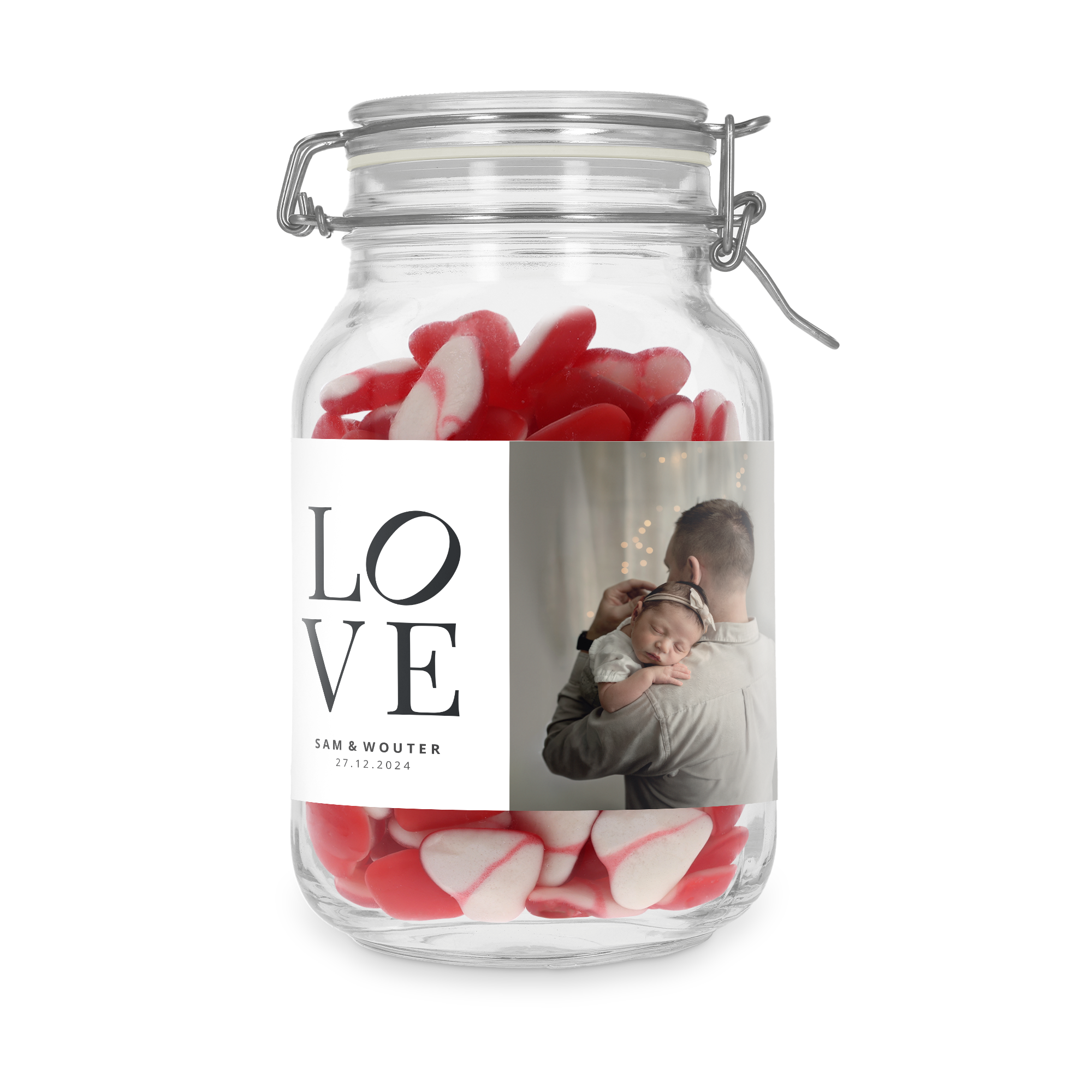 Personalizovaná sladká dóza se srdíčky s vytištěnou fotografií otce s dítětem a textem Love, Sam & Wouter 27.12.2024