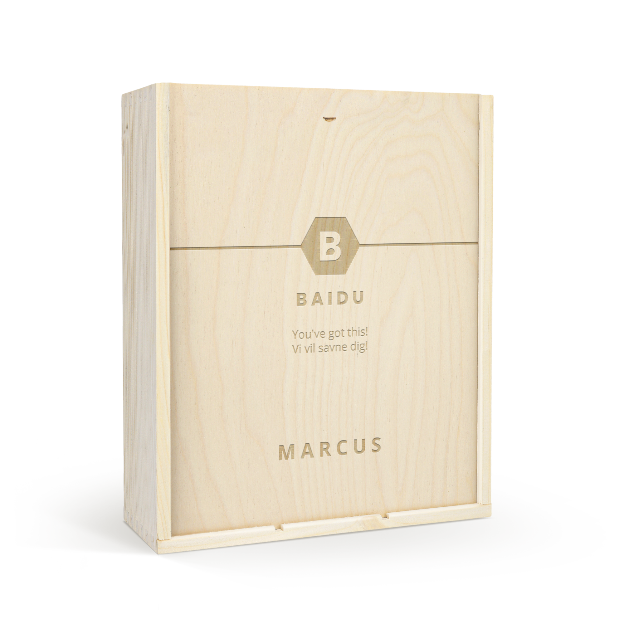 Luksus champagne kasse af træ med personlig gravering af tekst og navn, til flaske og to glas