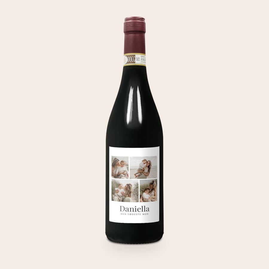 Rødvin med personlig etikette og trækasse - Farina Amarone Valpolicella Flaske Farina Amarone med personlig etiket, trykt med et collagefoto og navnet Daniella.