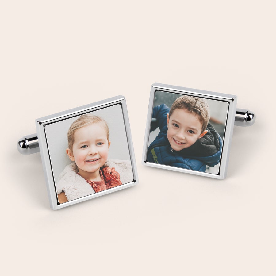 Gemelli Personalizzati Gemelli quadrati argentati con foto personalizzata di una bambina e di un bambino sorridenti