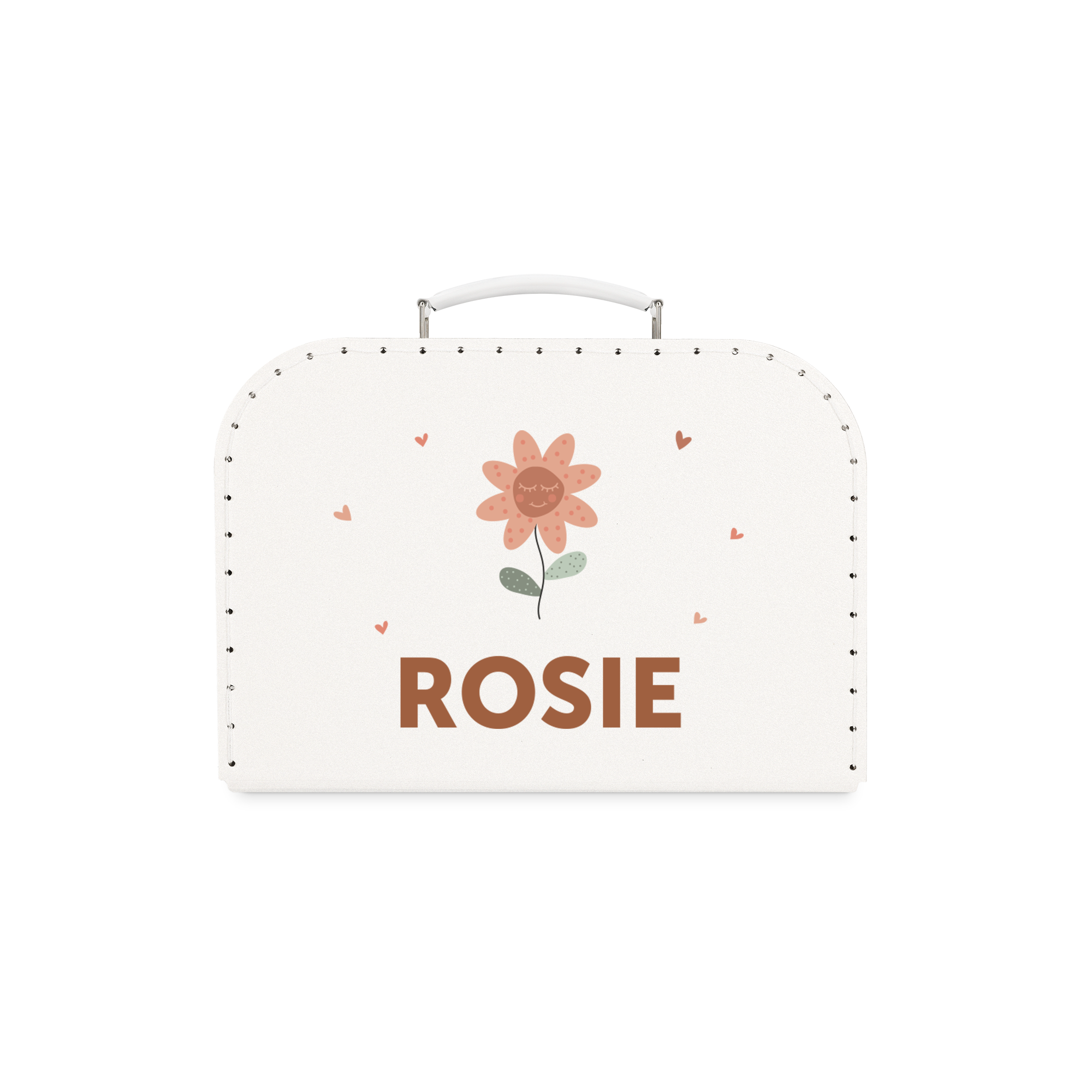 Biely kufrík s kvetinovou potlačou a menom Rosie, jedinečný cestovný spoločník pre nich.