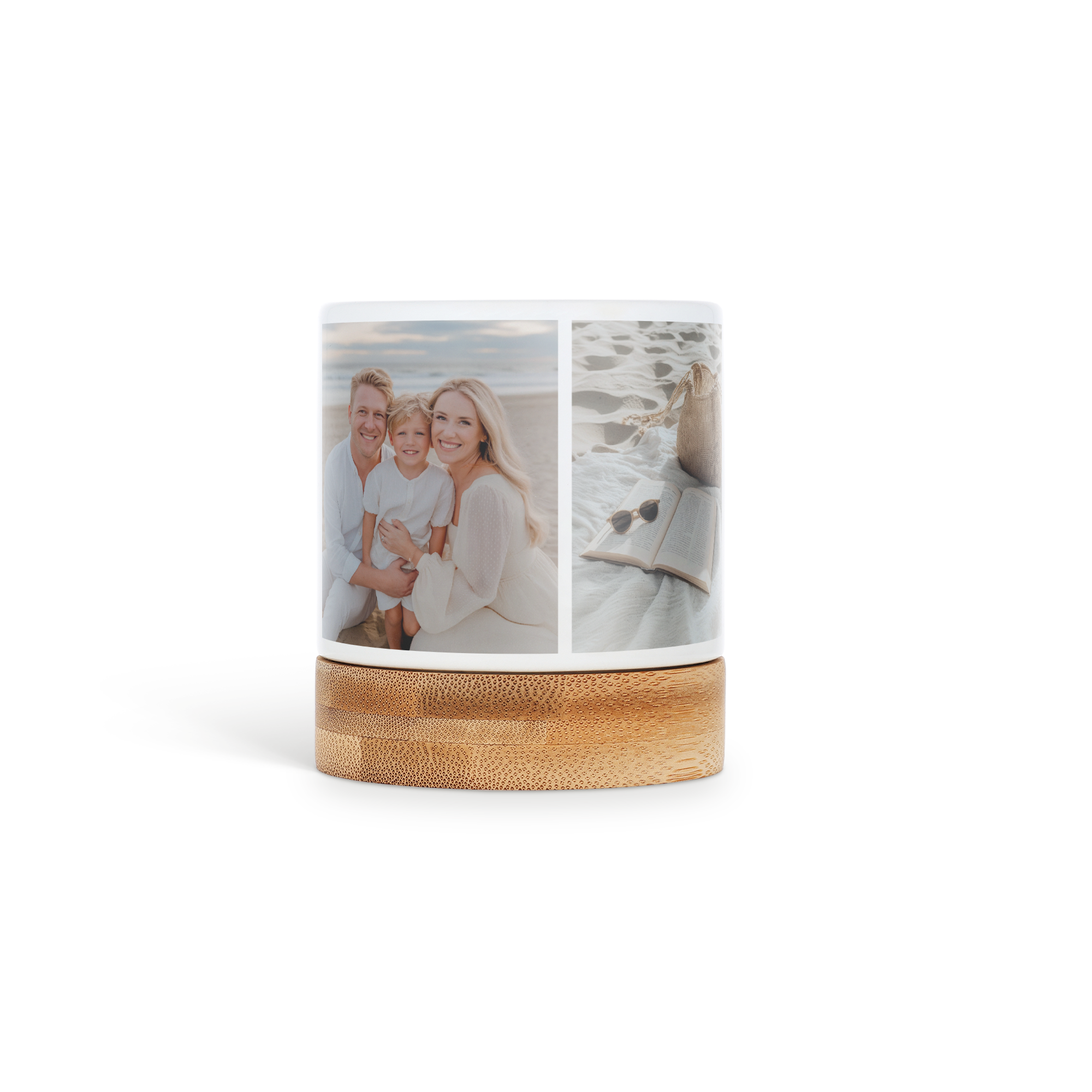 Hvid personlig urtepotte med fotos af en familie og strandliv, printet med et personligt præg