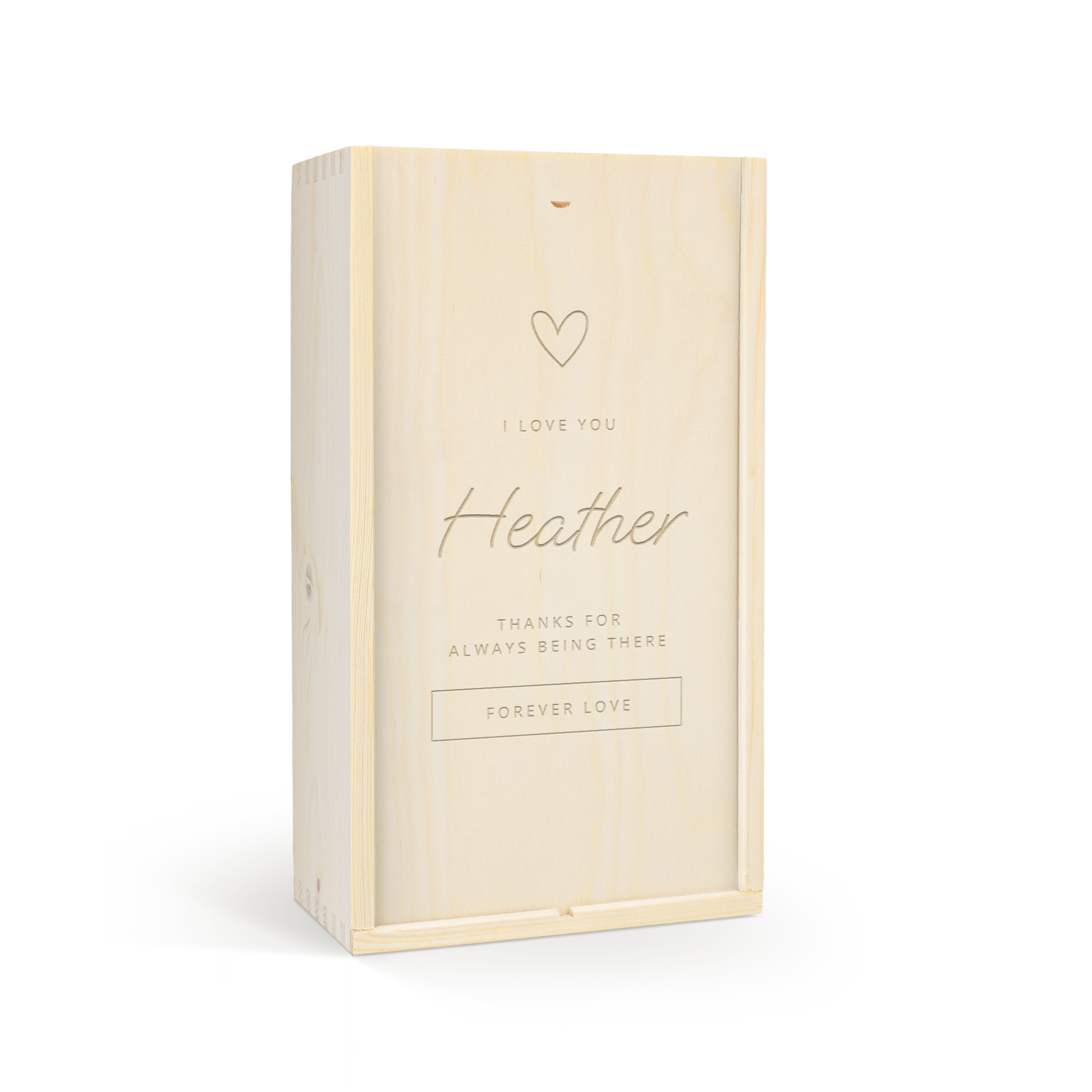 Confezione personalizzata di gin e tonic in legno chiaro con incisione, con nome Heather e dedica "I love you" e "Forever Love", con un cuore