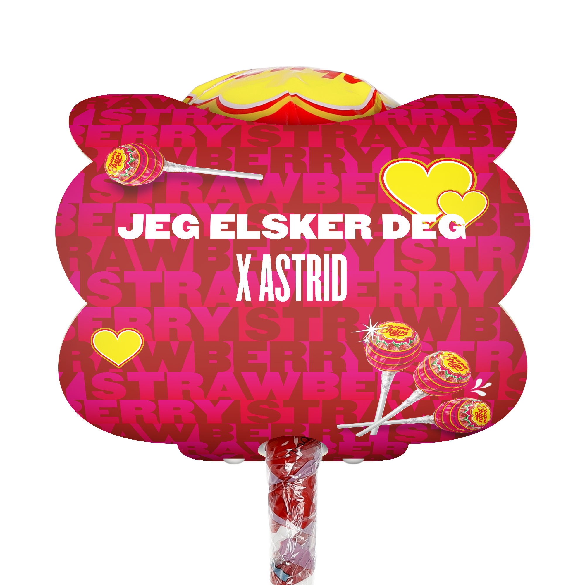 Mega Chupa Chups personlig Jordbær 20 ispinner med "Jeg elsker deg x Astrid" trykt på kortet.