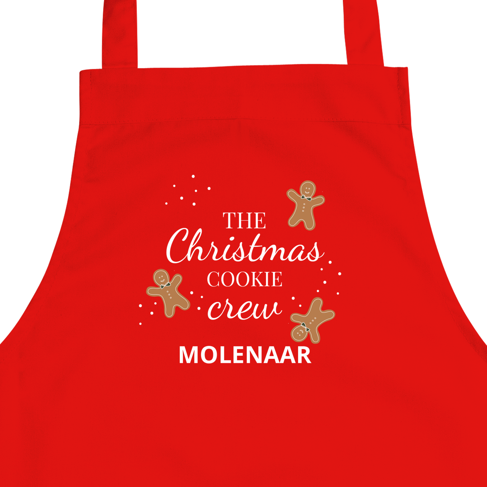 Rood kinder schort bedrukt met The Christmas Cookie Crew en naam Molenaar voor een kleine chef.