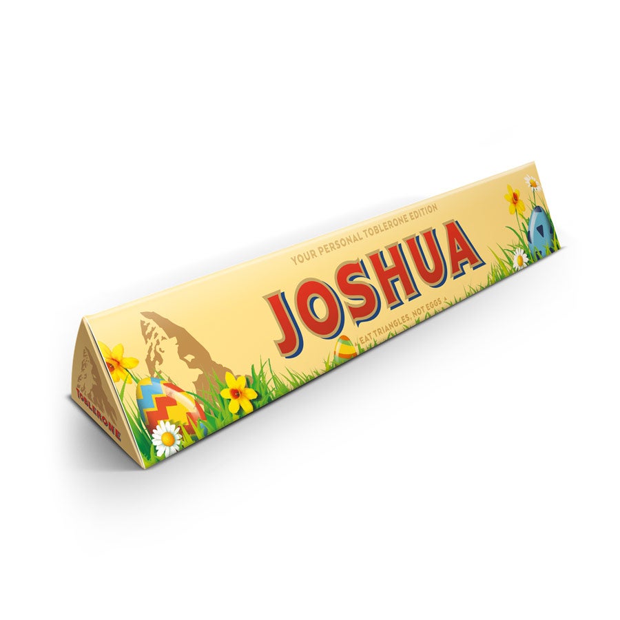 Velikonoční Toblerone čokoláda se jménem Joshua, fotkou a potiskem vajíček a jarních květin