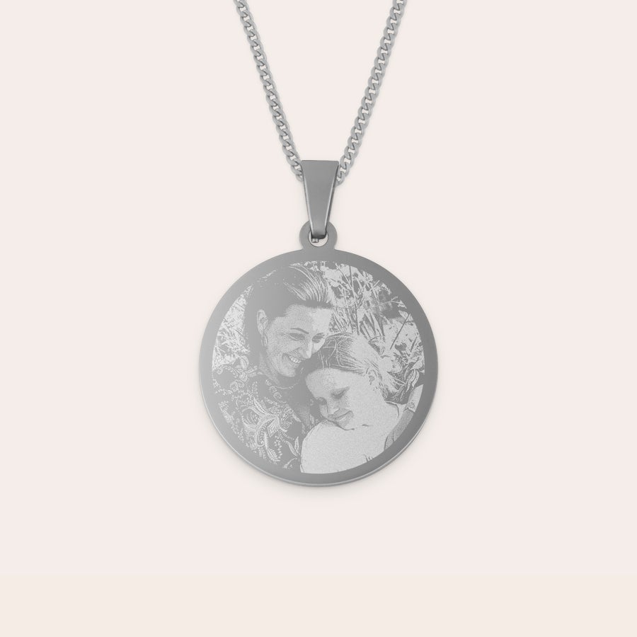 Round pendant necklace Silver rhodium pendant engraved with a personalized photo of a woman and child