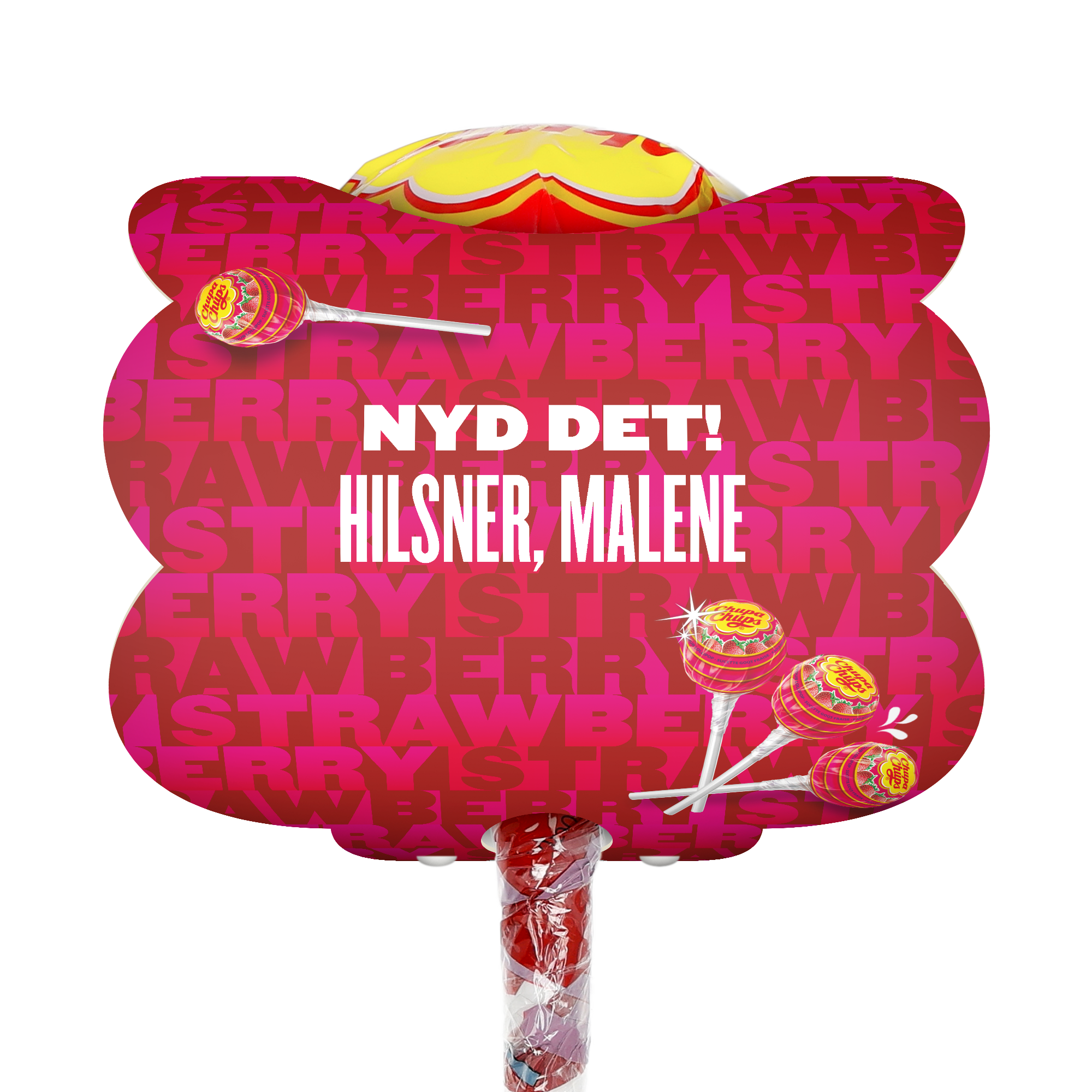 Mega Chupa Chups - personliggjort - Jordbær - 20 slikkepinde med hilsen Nyd det! Hilsner, Malene, trykt på en rød baggrund.