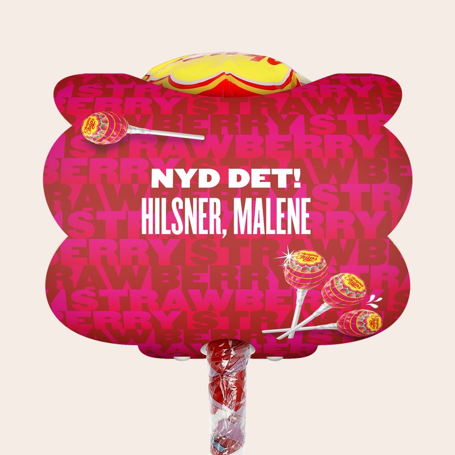 Mega Chupa Chups - personlig Mega Chupa Chups - personliggjort - Jordbær - 20 slikkepinde med hilsen Nyd det! Hilsner, Malene, trykt på en rød baggrund.