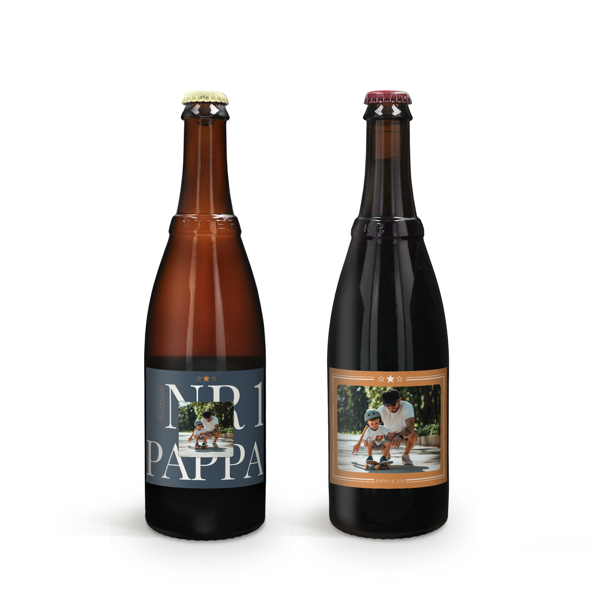 Två Westmalle ölflaskor med personliga etiketter tryckta med foton, namn och text som Överraska dem med.