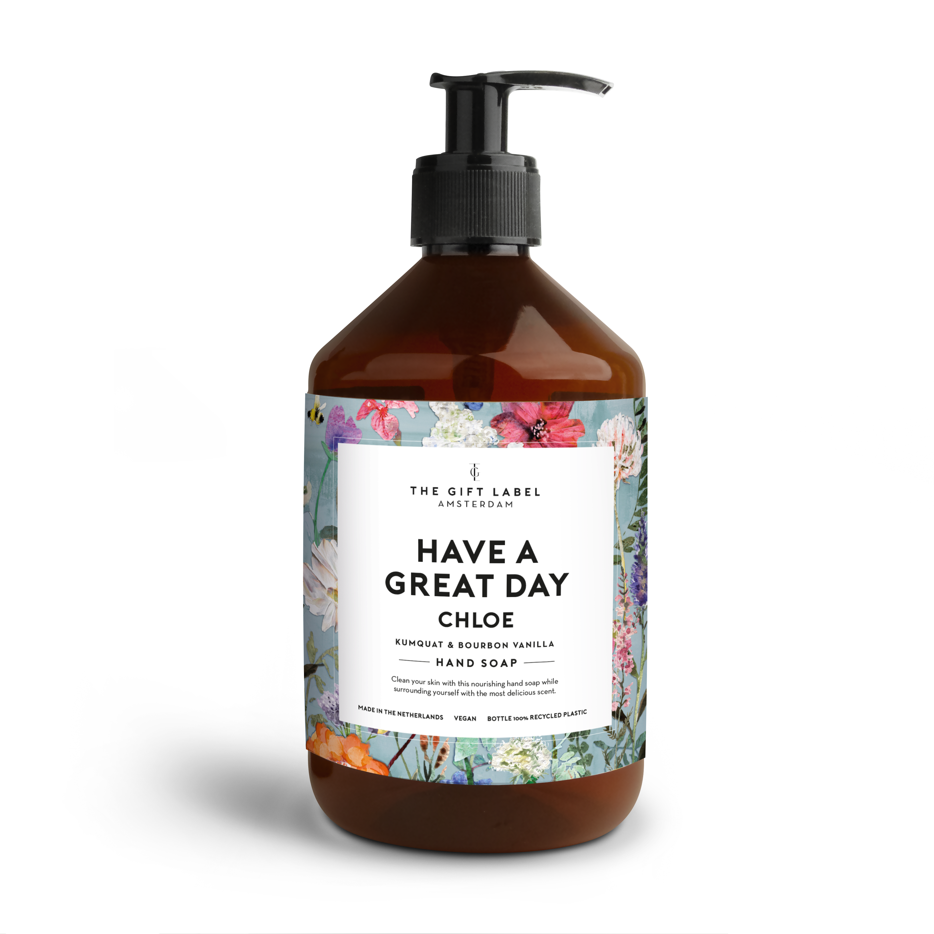 Personlig håndsæbe fra The Gift Label, med teksten HAVE A GREAT DAY CHLOE og et blomstermønster.