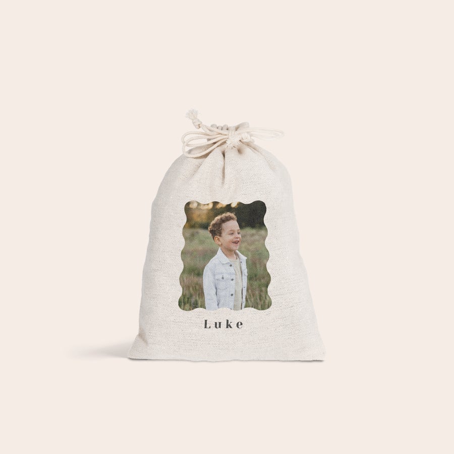Saco de oferta com cordão - Páscoa Sacola de presente personalizada com cordão, com foto de criança e nome Luke para Páscoa.